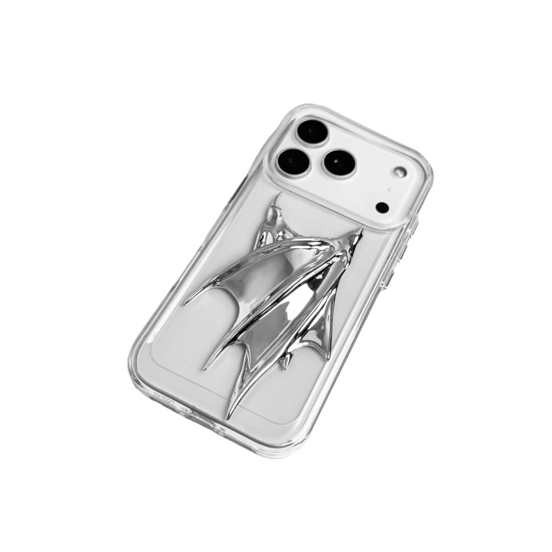 The Double Silver Demon Wings iPhone Case featuring symmetrical, sharp 3D sculpted silver metallic wings with a high-shine chrome finish. Shown in three base variations: Silver, Transparent, and Black.