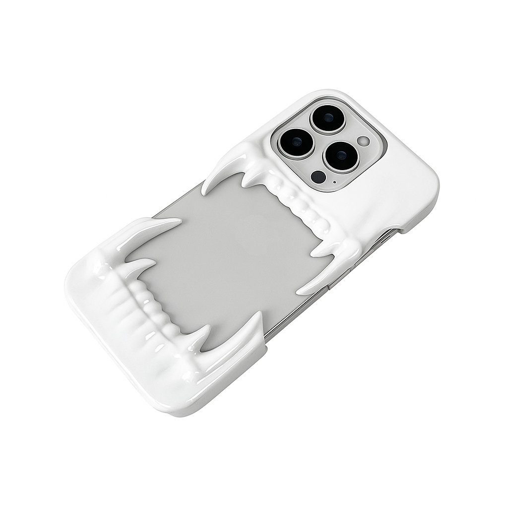 Metallic silver iPhone case with fierce dragon fang design – upper and lower jaws grip the phone edges, creating a bold, high-impact gothic aesthetic.