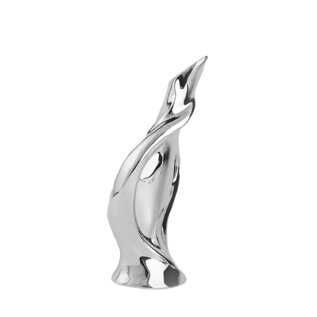 Futuristic silver vase with fluid sculptural form and blooming lily – sleek metallic design blending natural elegance and modern artistry