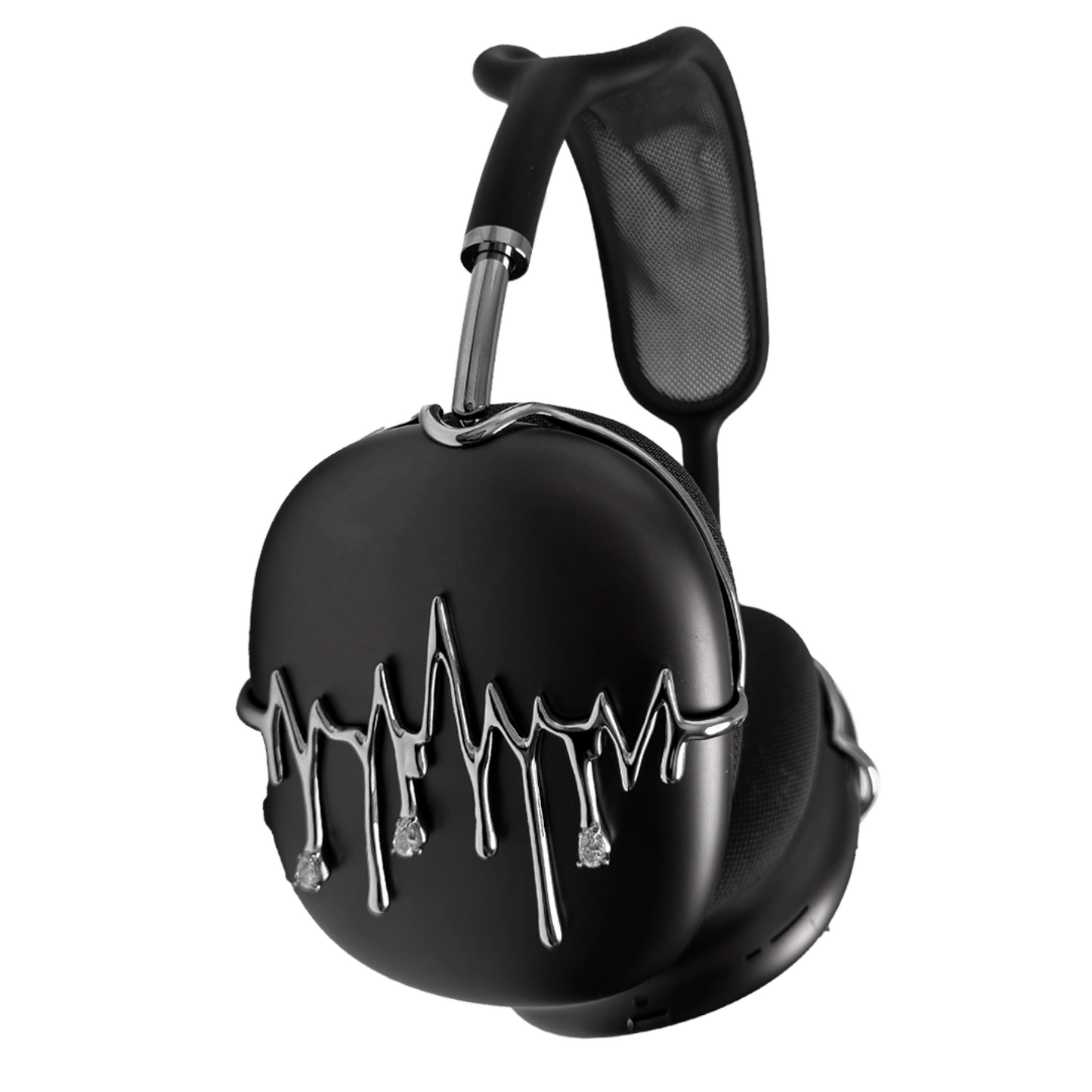 AirPods Max cover featuring silver chrome waveform patterns resembling musical pulses, with crystal-like droplets hanging from the lines, set against matte black earcups.
