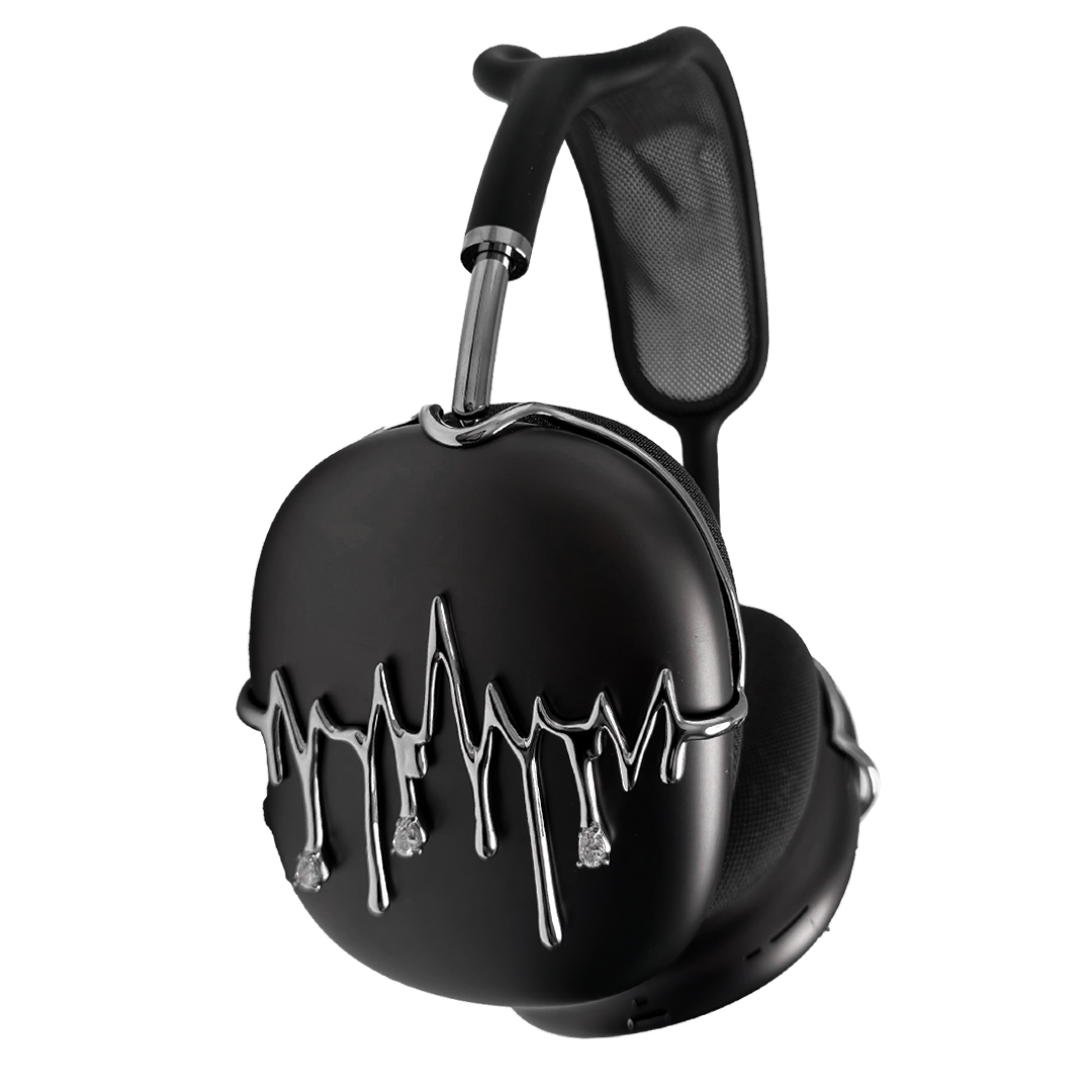 AirPods Max cover featuring silver chrome waveform patterns resembling musical pulses, with crystal-like droplets hanging from the lines, set against matte black earcups.