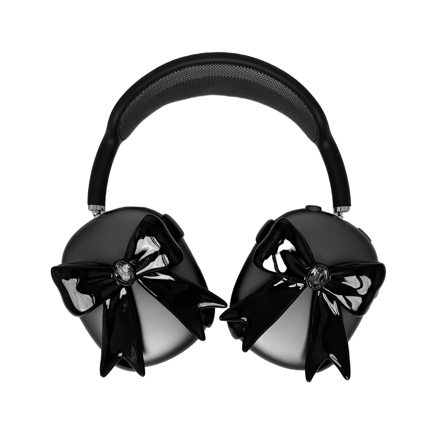 Black & White GEM Ribbon AirPods Max Cover with customizable gemstones in pink, black, and white, featuring an elegant bow-inspired design made from eco-friendly SLA, perfectly compatible with AirPods Max.