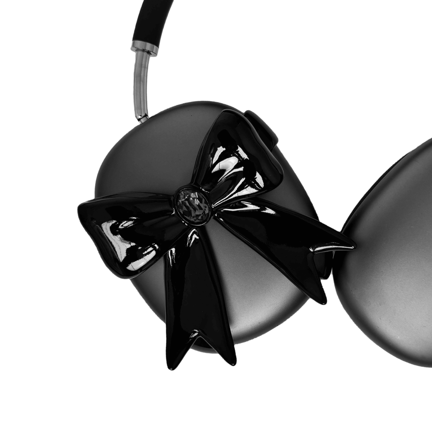 Black & White GEM Ribbon AirPods Max Cover with customizable gemstones in pink, black, and white, featuring an elegant bow-inspired design made from eco-friendly SLA, perfectly compatible with AirPods Max.