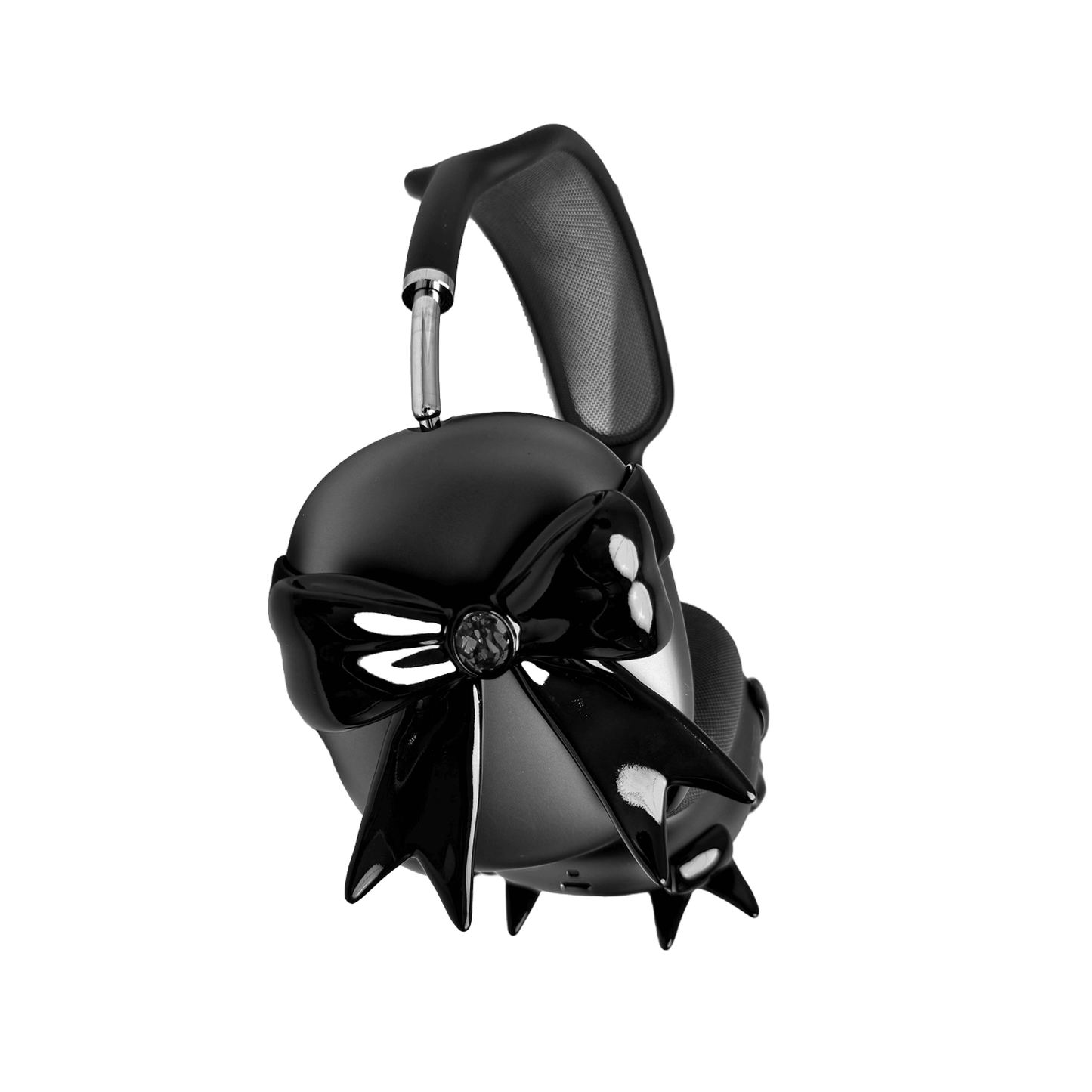 Black & White GEM Ribbon AirPods Max Cover with customizable gemstones in pink, black, and white, featuring an elegant bow-inspired design made from eco-friendly SLA, perfectly compatible with AirPods Max.