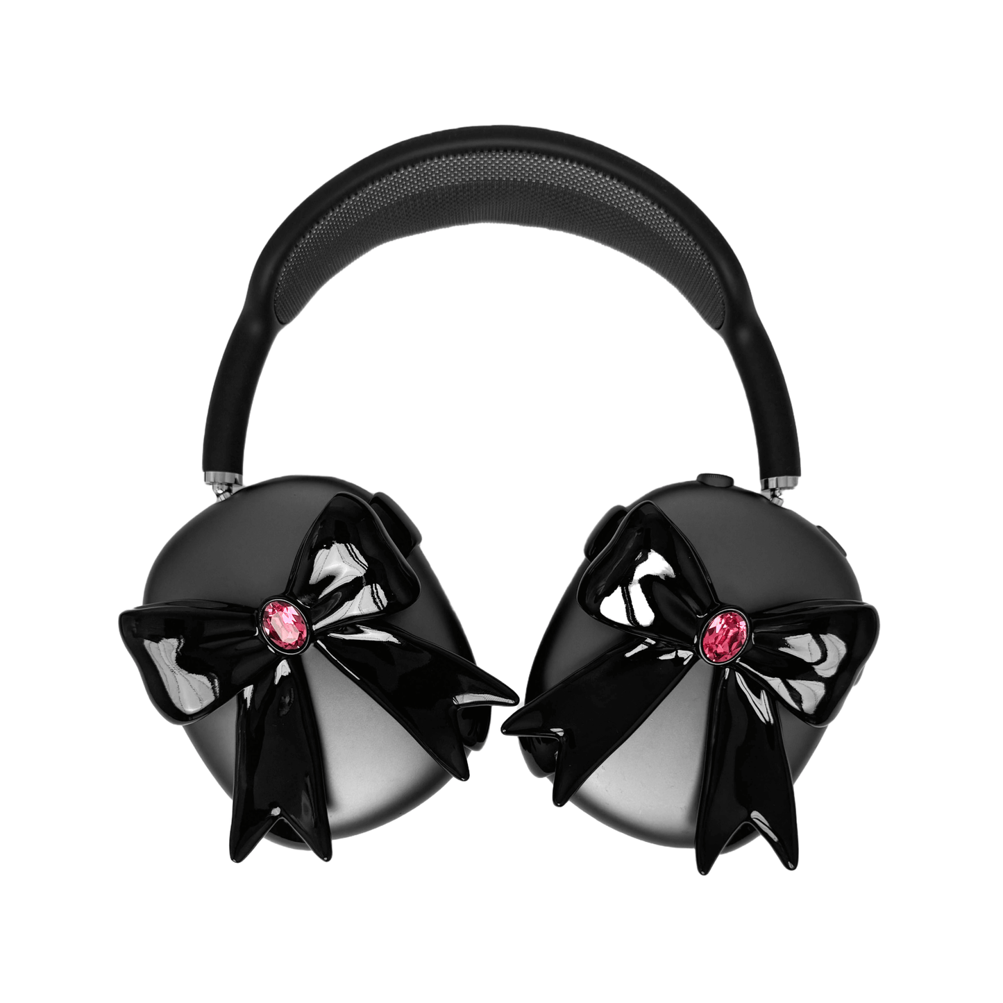 Black & White GEM Ribbon AirPods Max Cover with customizable gemstones in pink, black, and white, featuring an elegant bow-inspired design made from eco-friendly SLA, perfectly compatible with AirPods Max.