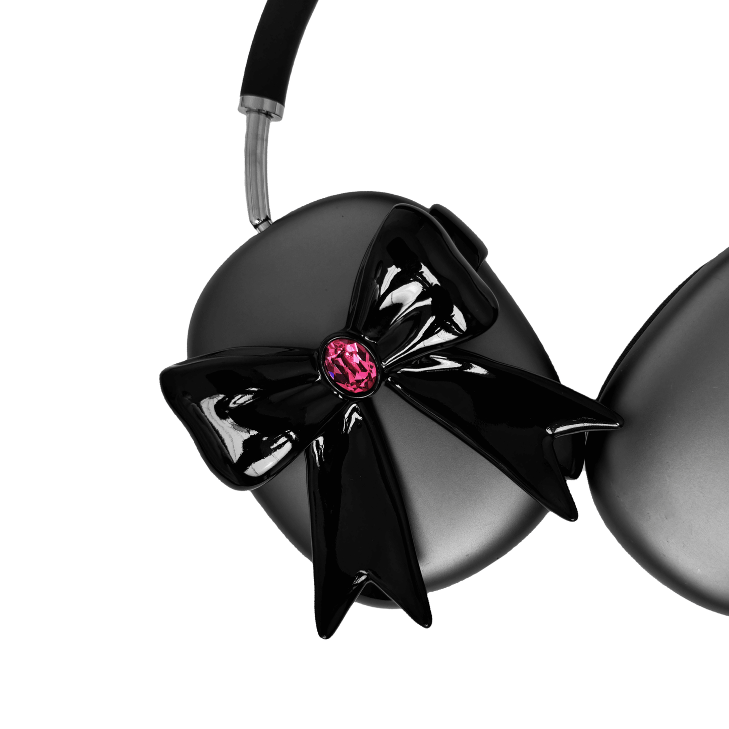 Glossy lilac AirPods Max cover with sculptural silver ribbon and gem detail – futuristic feminine tech accessory