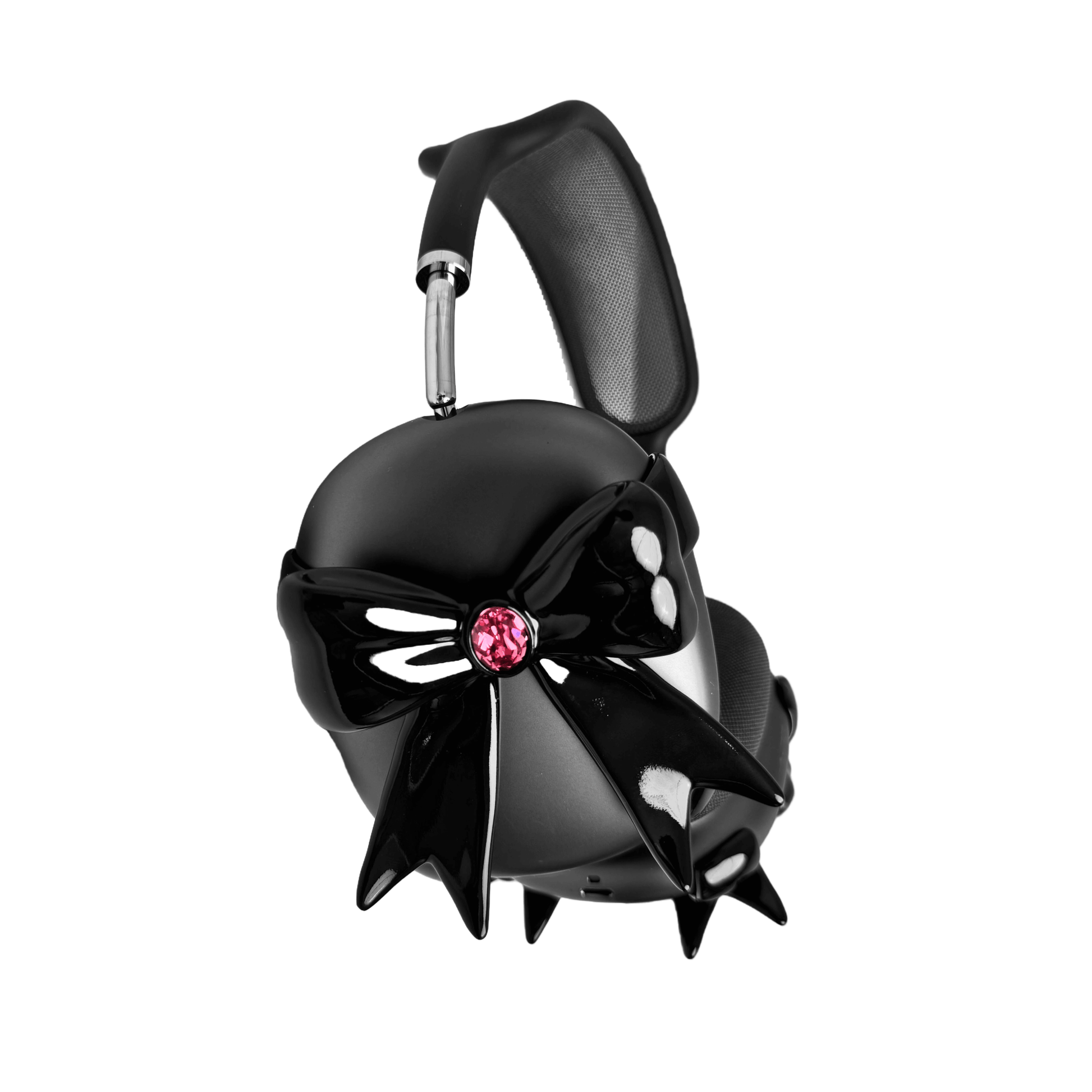 Black & White GEM Ribbon AirPods Max Cover with customizable gemstones in pink, black, and white, featuring an elegant bow-inspired design made from eco-friendly SLA, perfectly compatible with AirPods Max.