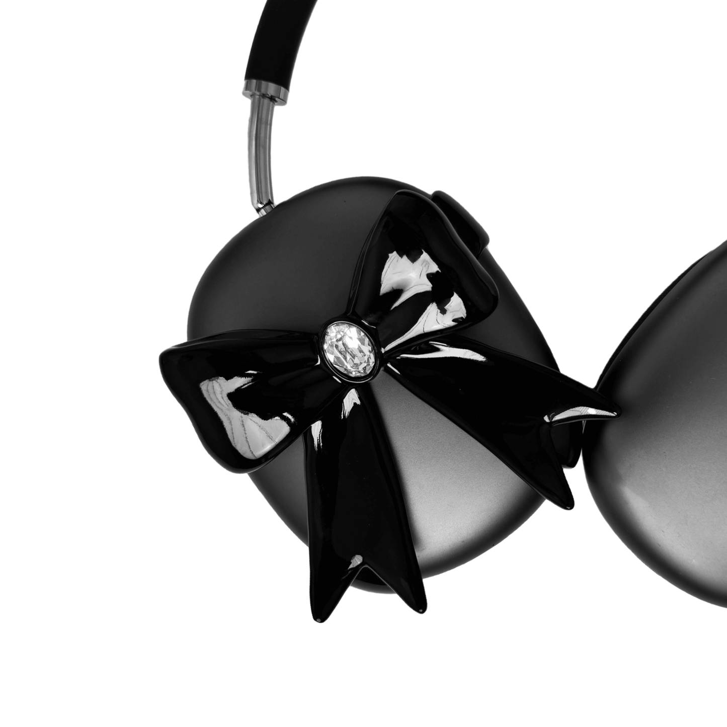 Glossy lilac AirPods Max cover with sculptural silver ribbon and gem detail – futuristic feminine tech accessory