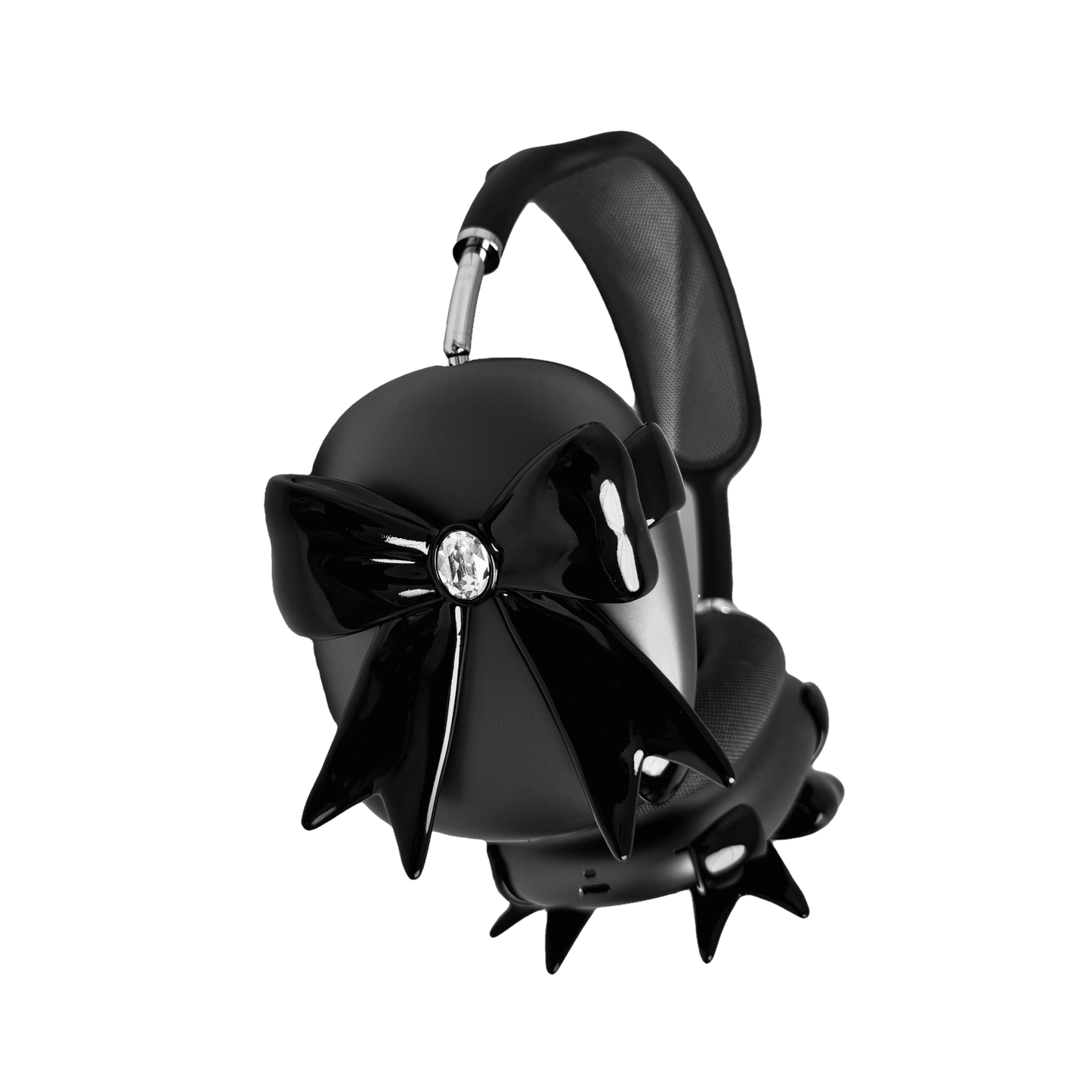 Black & White GEM Ribbon AirPods Max Cover with customizable gemstones in pink, black, and white, featuring an elegant bow-inspired design made from eco-friendly SLA, perfectly compatible with AirPods Max.