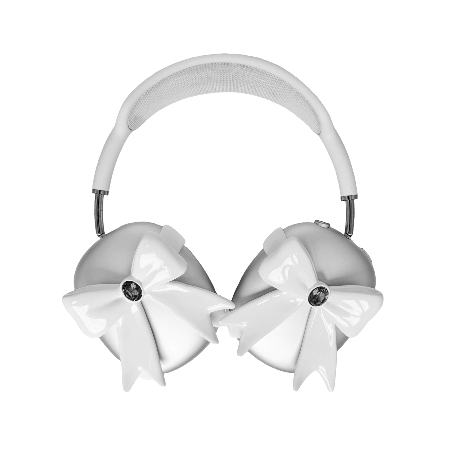 Glossy lilac AirPods Max cover with sculptural silver ribbon and gem detail – futuristic feminine tech accessory