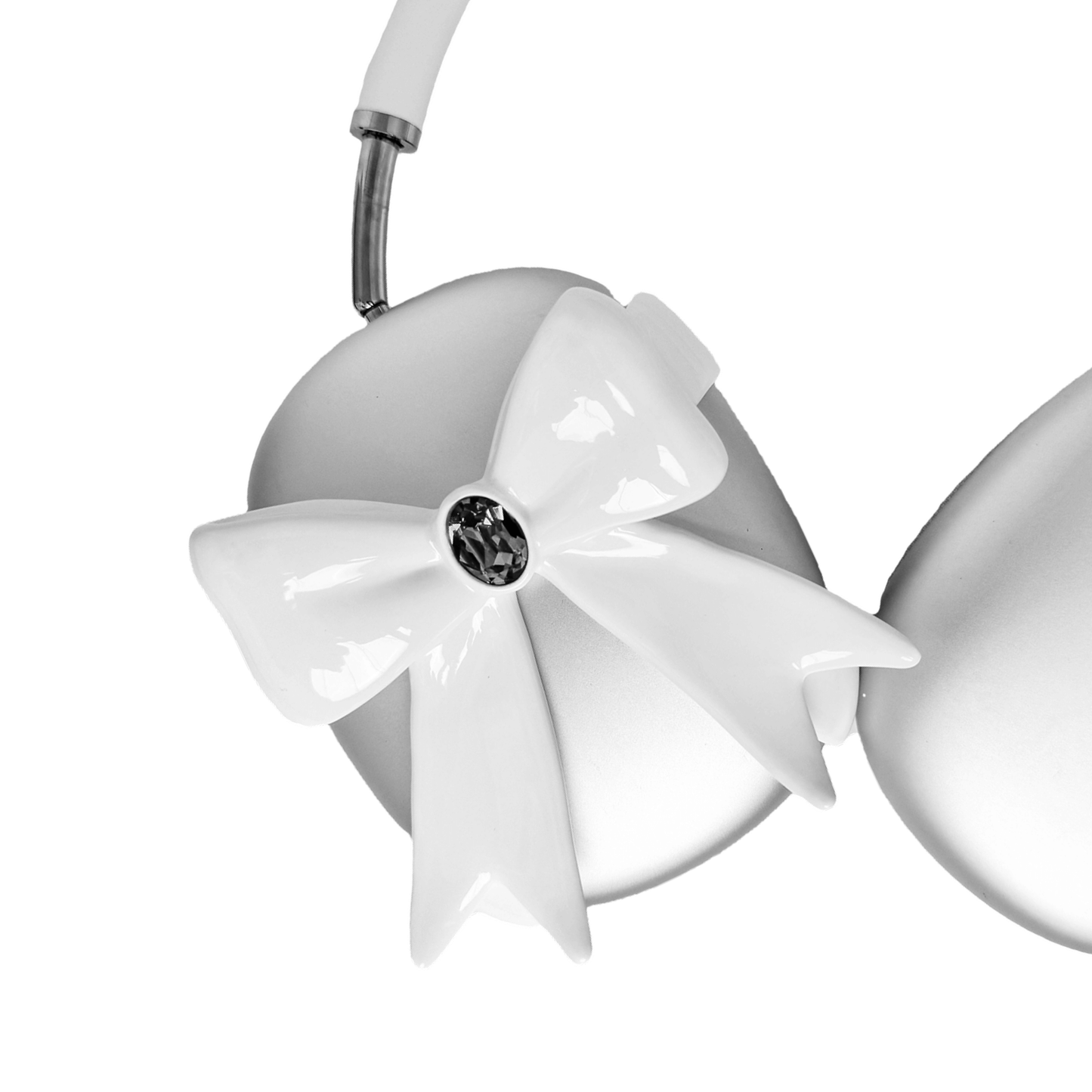 Black & White GEM Ribbon AirPods Max Cover with customizable gemstones in pink, black, and white, featuring an elegant bow-inspired design made from eco-friendly SLA, perfectly compatible with AirPods Max.