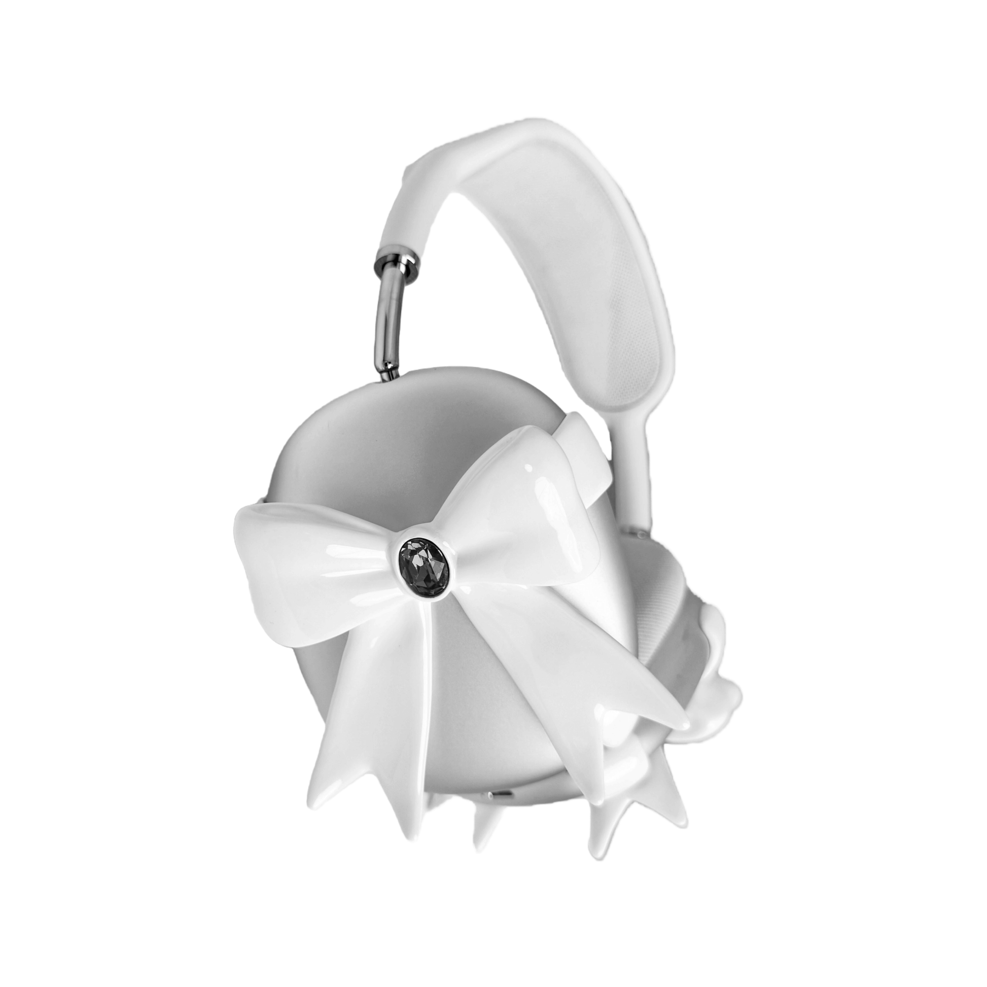 Black & White GEM Ribbon AirPods Max Cover with customizable gemstones in pink, black, and white, featuring an elegant bow-inspired design made from eco-friendly SLA, perfectly compatible with AirPods Max.