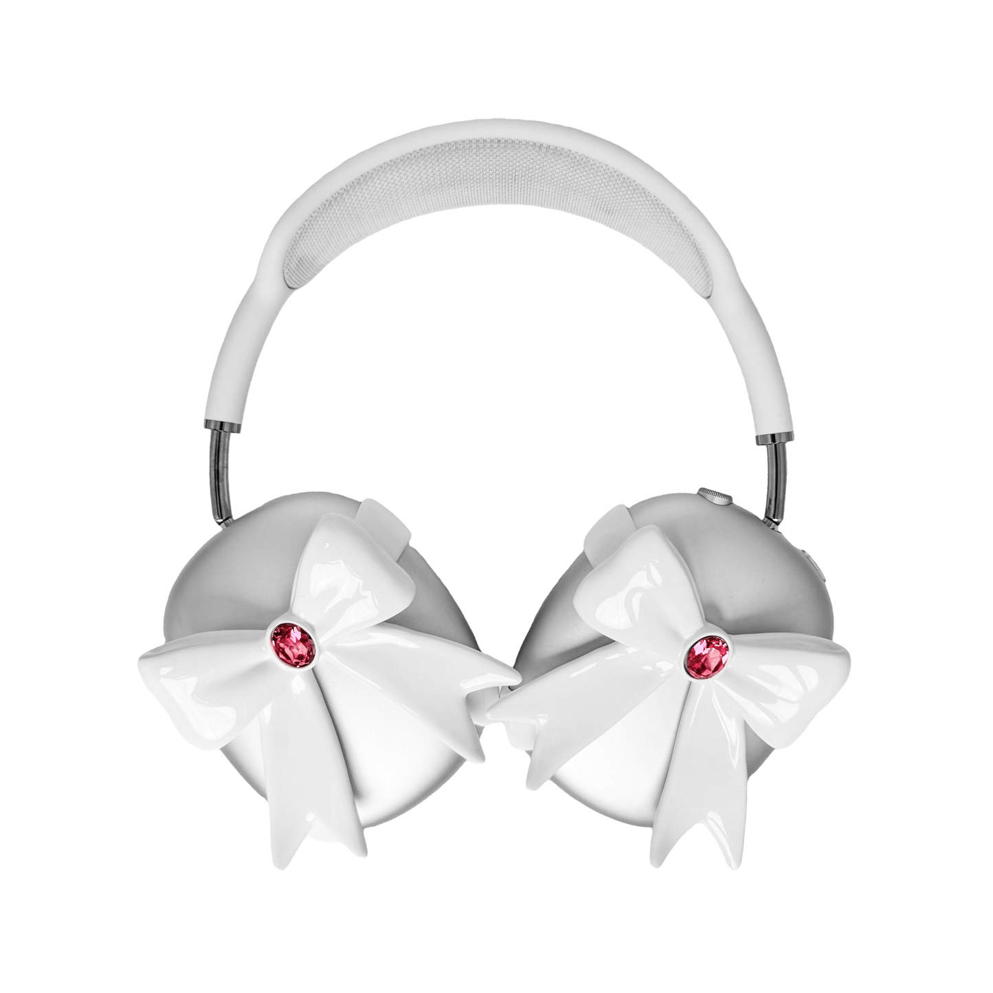 Glossy lilac AirPods Max cover with sculptural silver ribbon and gem detail – futuristic feminine tech accessory