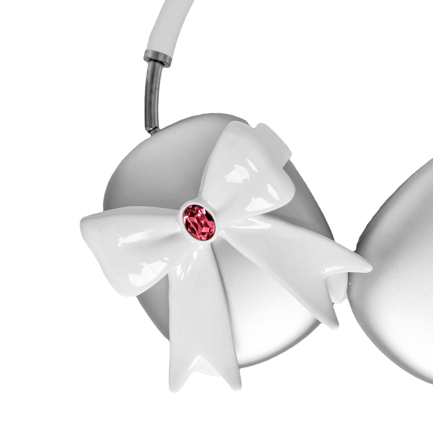 Black & White GEM Ribbon AirPods Max Cover with customizable gemstones in pink, black, and white, featuring an elegant bow-inspired design made from eco-friendly SLA, perfectly compatible with AirPods Max.