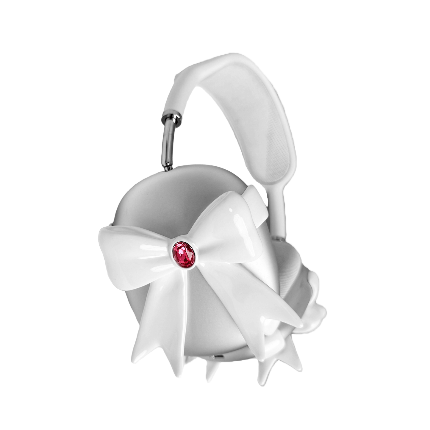 Glossy lilac AirPods Max cover with sculptural silver ribbon and gem detail – futuristic feminine tech accessory