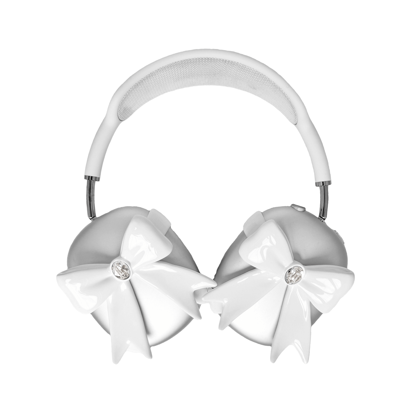 Black & White GEM Ribbon AirPods Max Cover with customizable gemstones in pink, black, and white, featuring an elegant bow-inspired design made from eco-friendly SLA, perfectly compatible with AirPods Max.