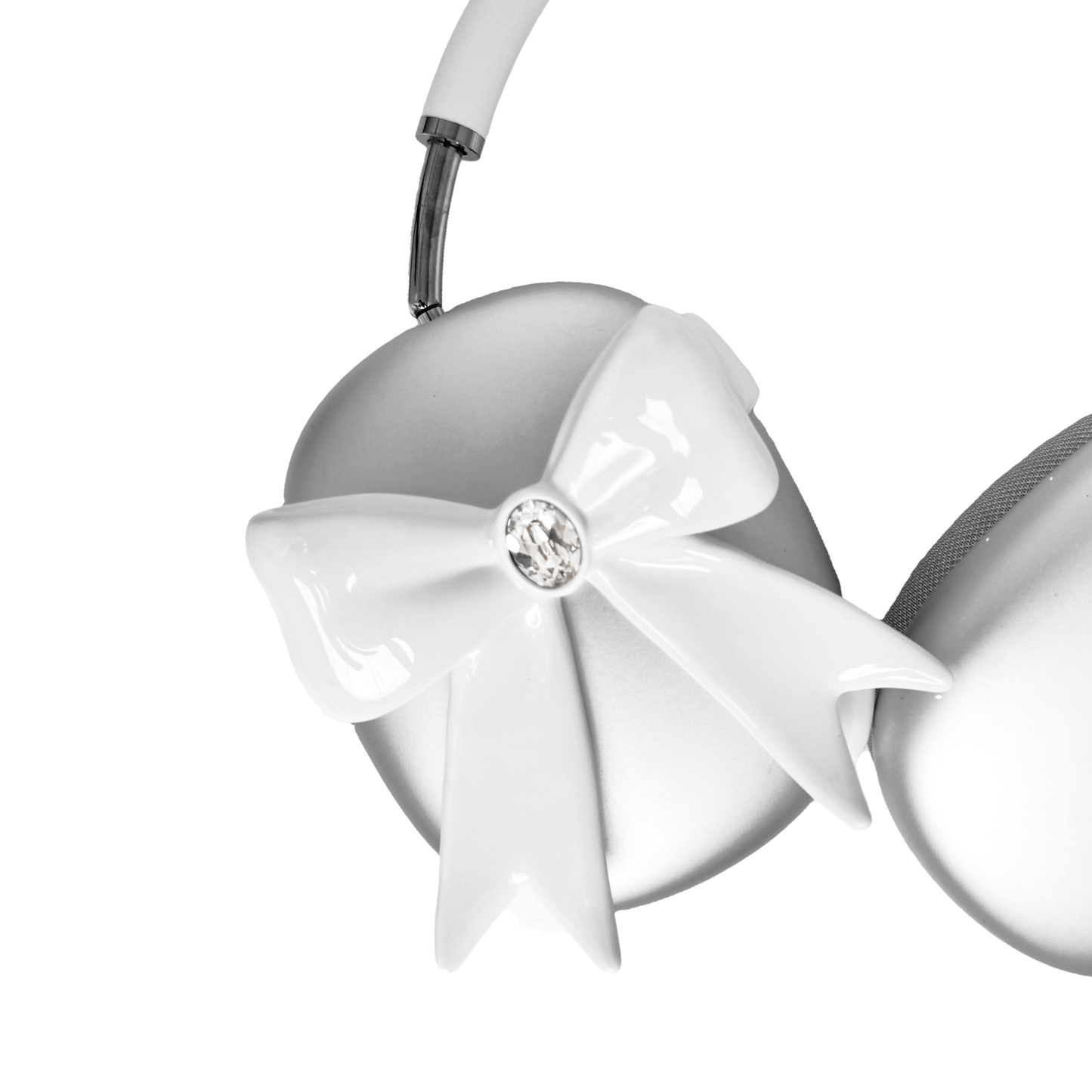 Black & White GEM Ribbon AirPods Max Cover with customizable gemstones in pink, black, and white, featuring an elegant bow-inspired design made from eco-friendly SLA, perfectly compatible with AirPods Max.