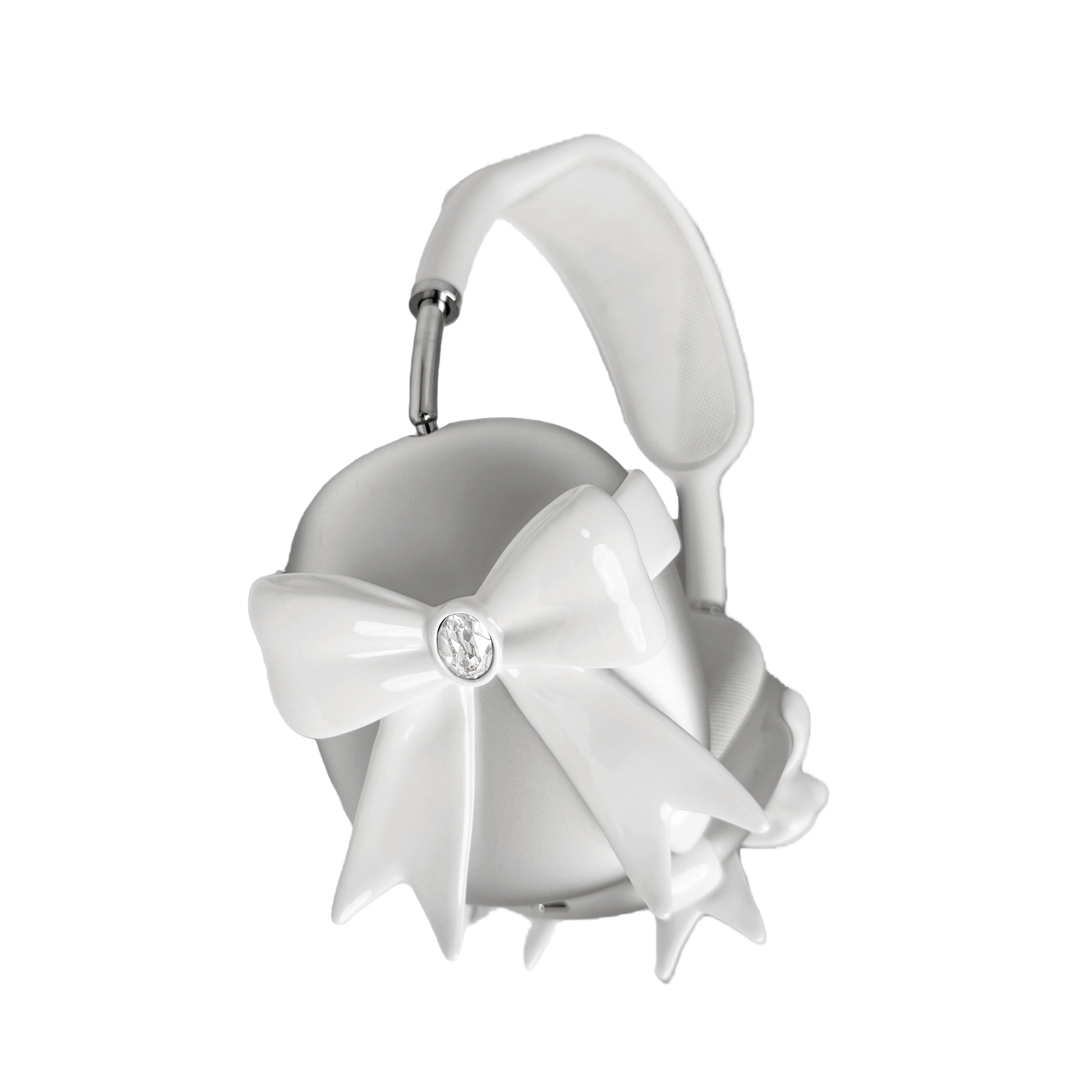Black & White GEM Ribbon AirPods Max Cover with customizable gemstones in pink, black, and white, featuring an elegant bow-inspired design made from eco-friendly SLA, perfectly compatible with AirPods Max.