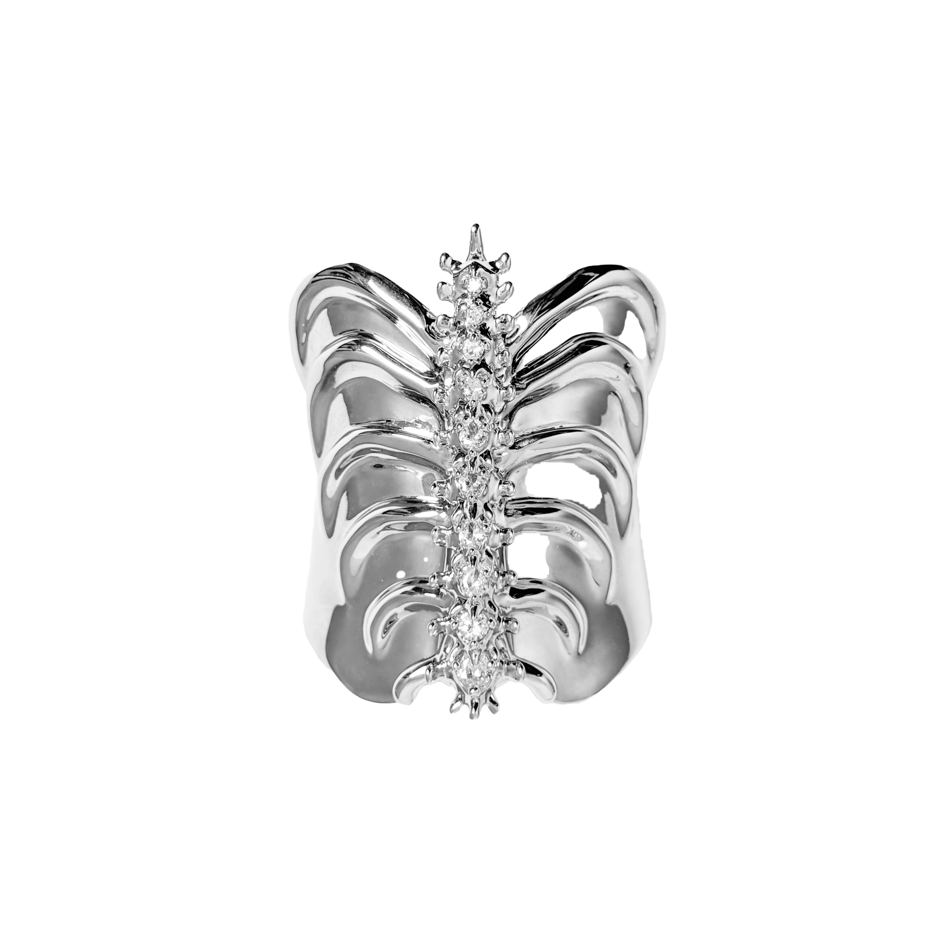 Command attention with the Gem Ribcage Cuff. Skeletal luxury meets couture gems in this red carpet-worthy arm piece.