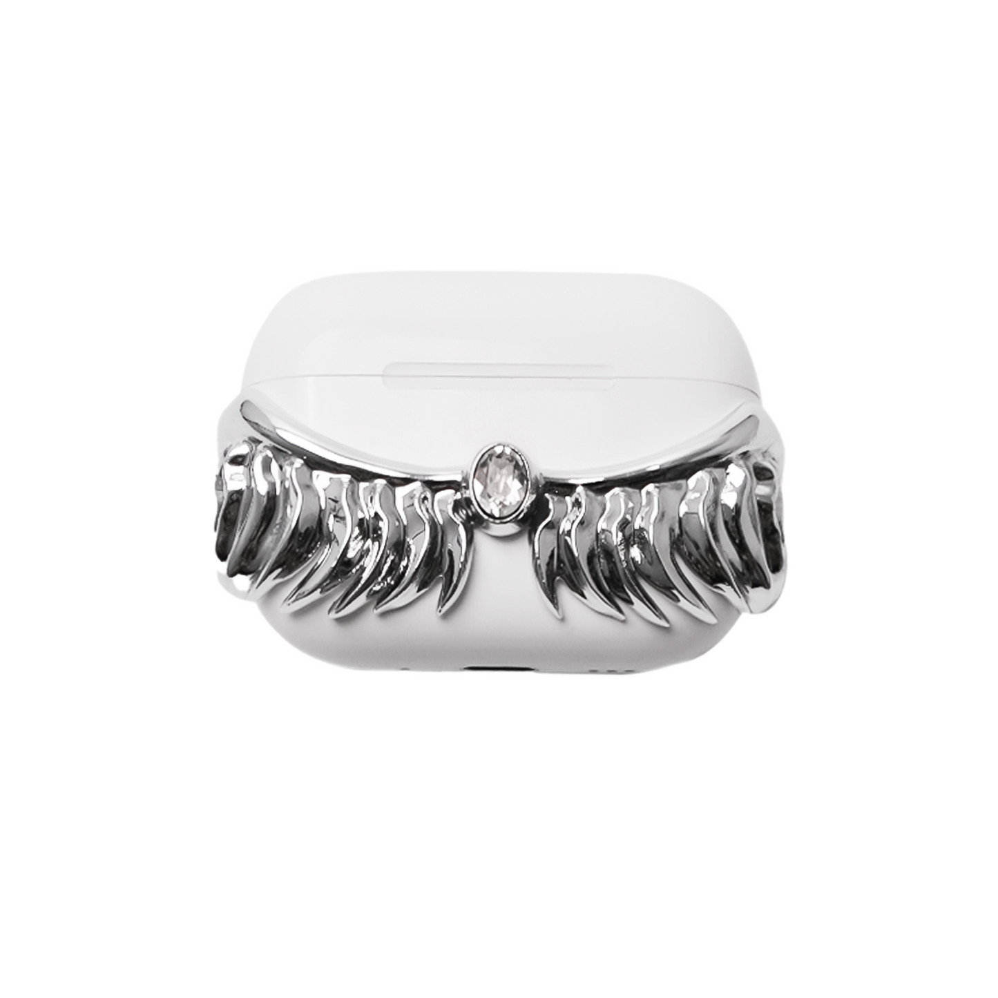 A premium protective cover for AirPods featuring 3D sculpted angel wings with intricate feather details and a central white Swarovski crystal. Available in two finishes: a high-shine Reflective Silver and a pure Ethereal White, compatible with AirPods 4 and AirPods Pro models.
