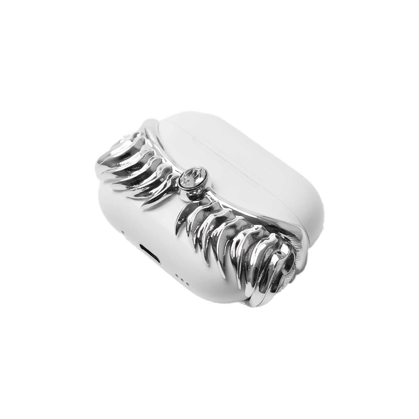 A premium protective cover for AirPods featuring 3D sculpted angel wings with intricate feather details and a central white Swarovski crystal. Available in two finishes: a high-shine Reflective Silver and a pure Ethereal White, compatible with AirPods 4 and AirPods Pro models.