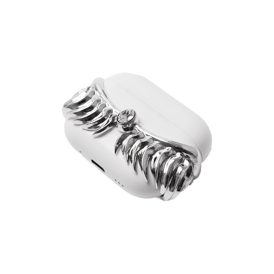 A premium protective cover for AirPods featuring 3D sculpted angel wings with intricate feather details and a central white Swarovski crystal. Available in two finishes: a high-shine Reflective Silver and a pure Ethereal White, compatible with AirPods 4 and AirPods Pro models.