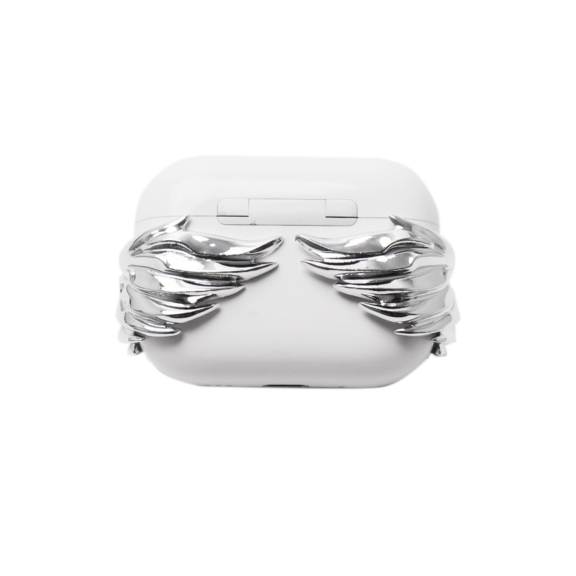 A premium protective cover for AirPods featuring 3D sculpted angel wings with intricate feather details and a central white Swarovski crystal. Available in two finishes: a high-shine Reflective Silver and a pure Ethereal White, compatible with AirPods 4 and AirPods Pro models.