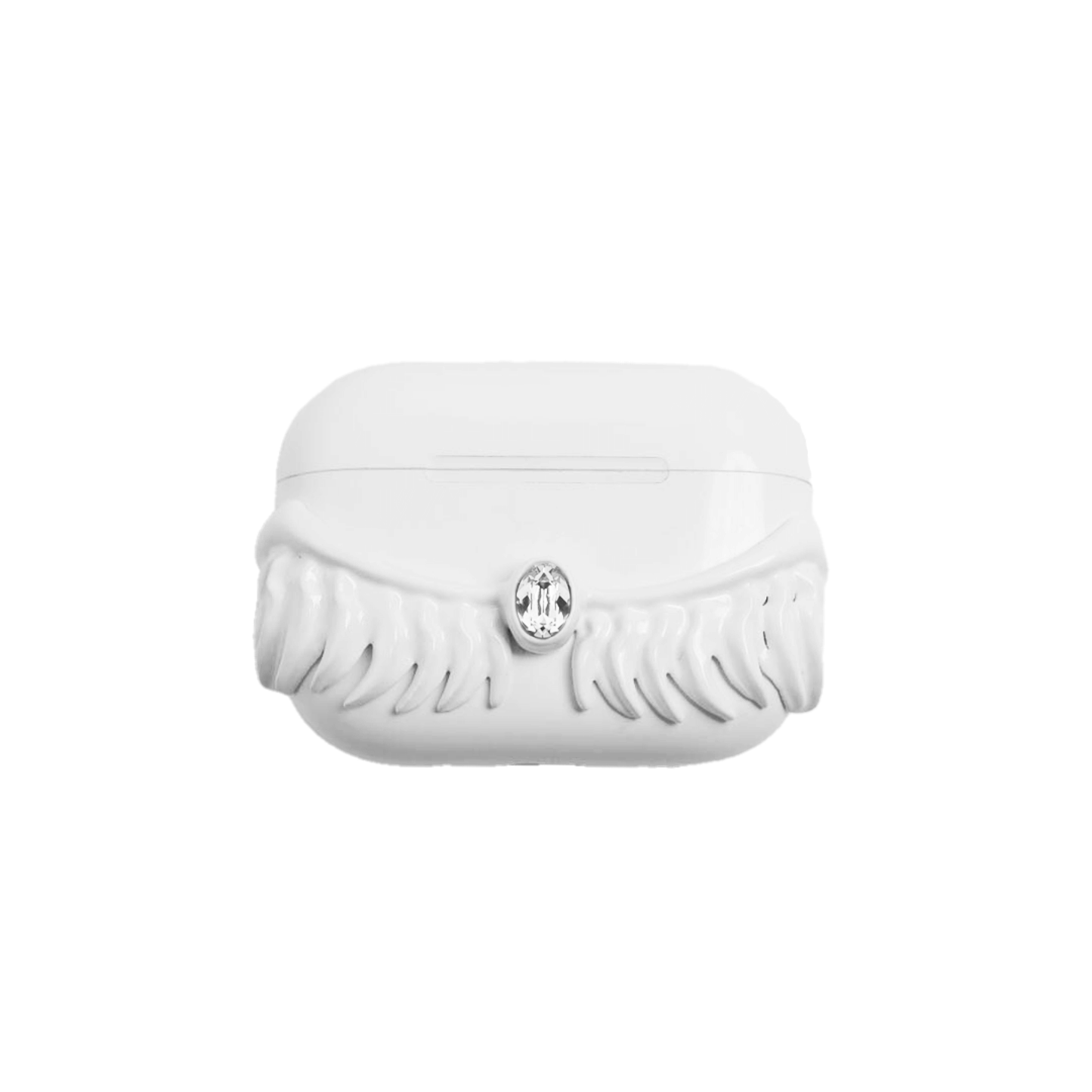A premium protective cover for AirPods featuring 3D sculpted angel wings with intricate feather details and a central white Swarovski crystal. Available in two finishes: a high-shine Reflective Silver and a pure Ethereal White, compatible with AirPods 4 and AirPods Pro models.