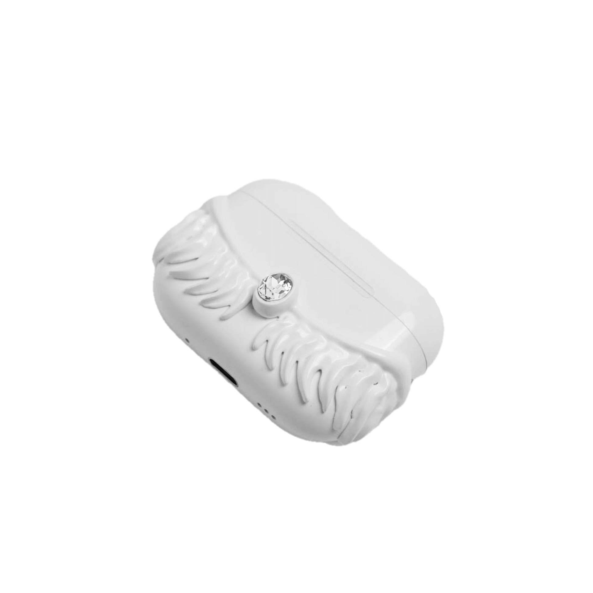 A premium protective cover for AirPods featuring 3D sculpted angel wings with intricate feather details and a central white Swarovski crystal. Available in two finishes: a high-shine Reflective Silver and a pure Ethereal White, compatible with AirPods 4 and AirPods Pro models.