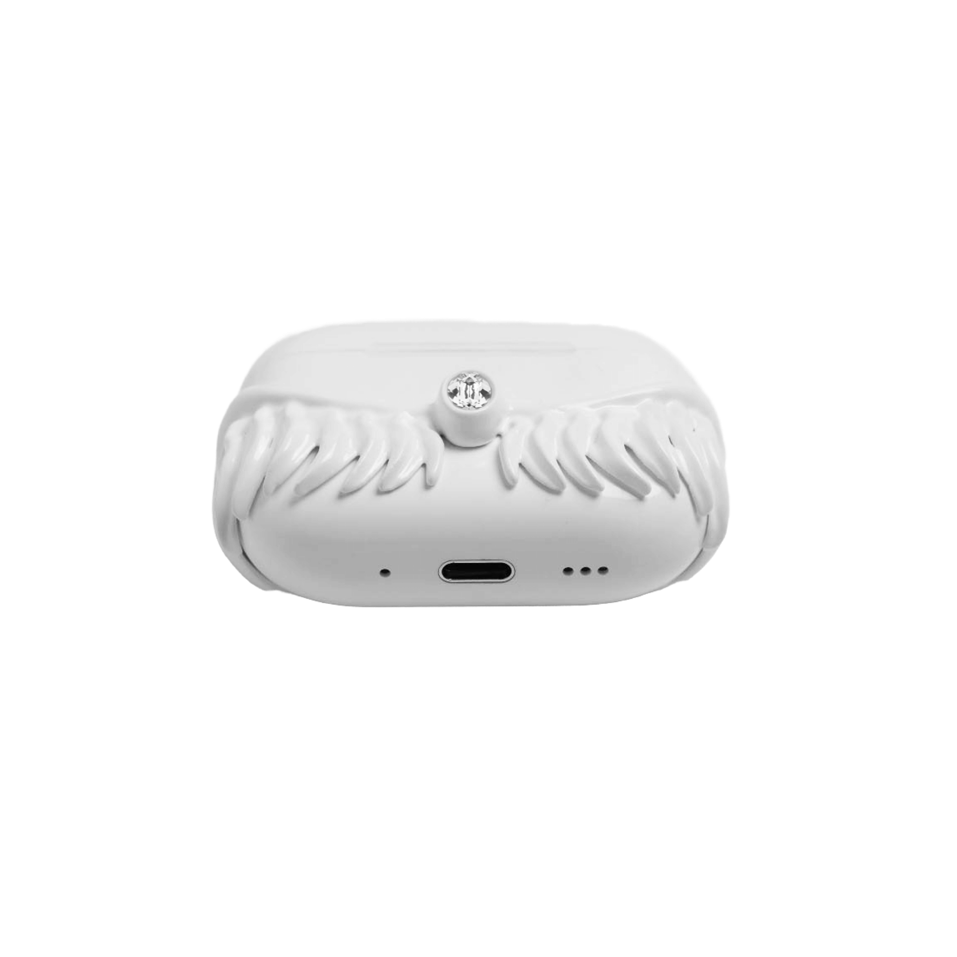 A premium protective cover for AirPods featuring 3D sculpted angel wings with intricate feather details and a central white Swarovski crystal. Available in two finishes: a high-shine Reflective Silver and a pure Ethereal White, compatible with AirPods 4 and AirPods Pro models.