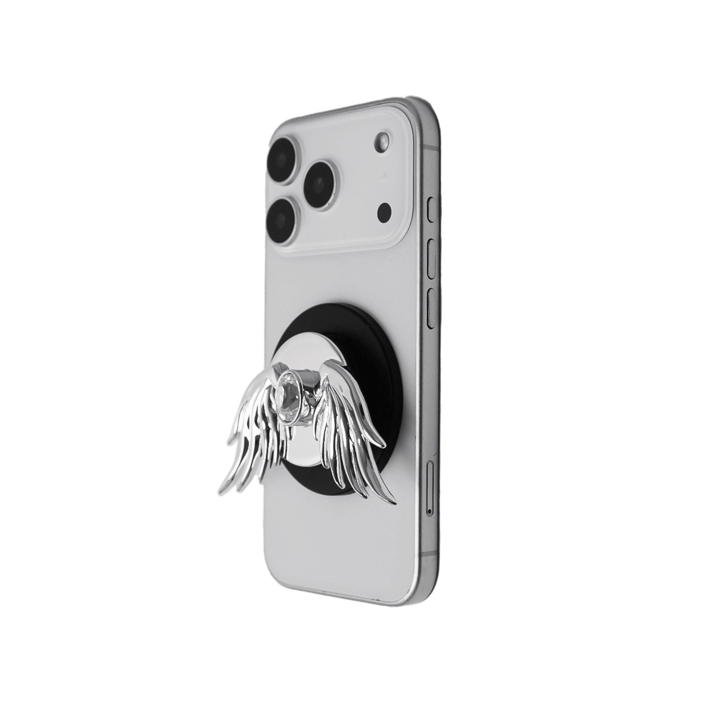 The Gem Angel Wings phone grip featuring intricately sculpted 3D wings with a sparkling central Swarovski crystal. Shown in both the reflective Silver Chrome and pure White finish options, attached to the back of a smartphone.
