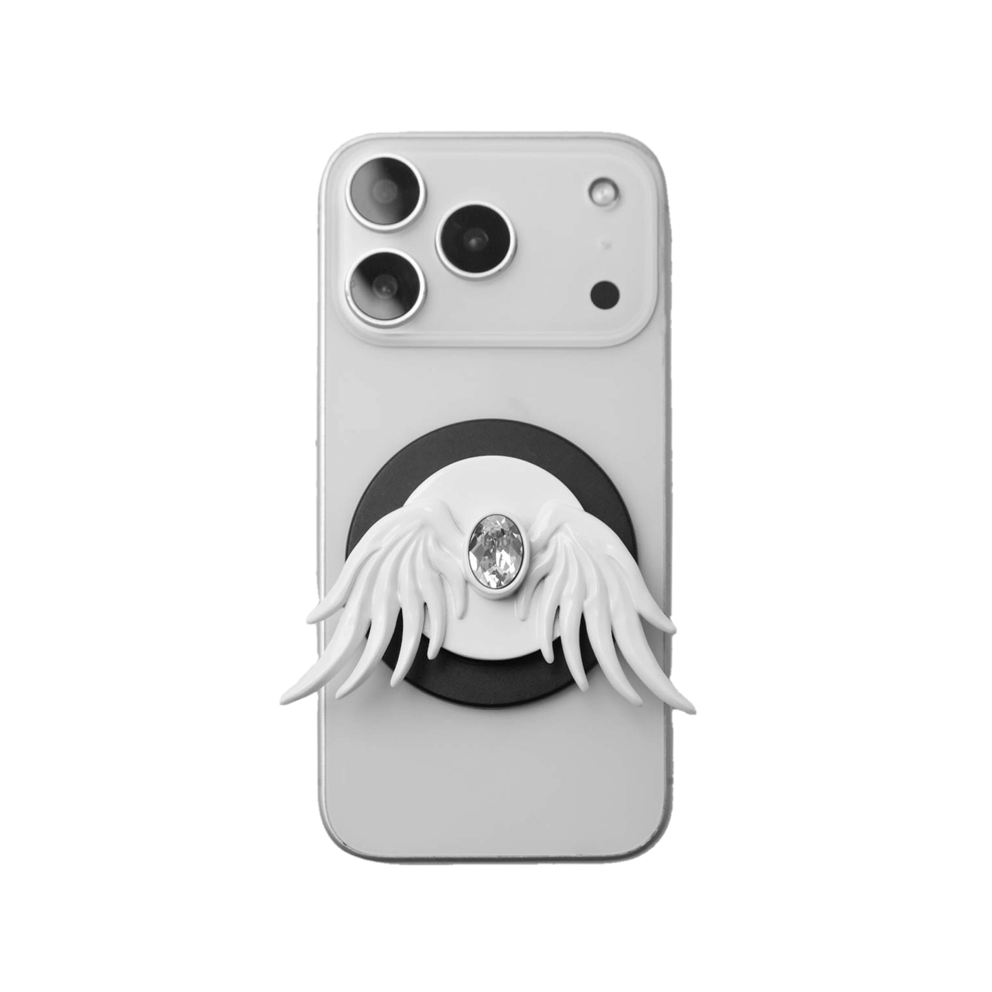 The Gem Angel Wings phone grip featuring intricately sculpted 3D wings with a sparkling central Swarovski crystal. Shown in both the reflective Silver Chrome and pure White finish options, attached to the back of a smartphone.