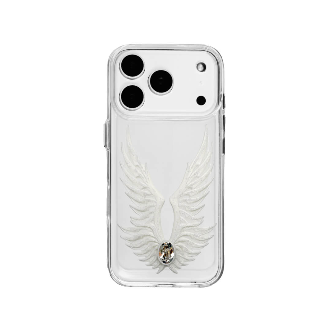 The Embroidered White Feather Wings iPhone Case featuring intricate white feather/wing embroidery and a central pearl, shown on both the Crystal Clear (Transparent) and White Leather Texture base options.