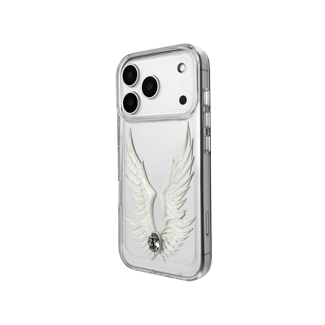 The Embroidered White Feather Wings iPhone Case featuring intricate white feather/wing embroidery and a central pearl, shown on both the Crystal Clear (Transparent) and White Leather Texture base options.
