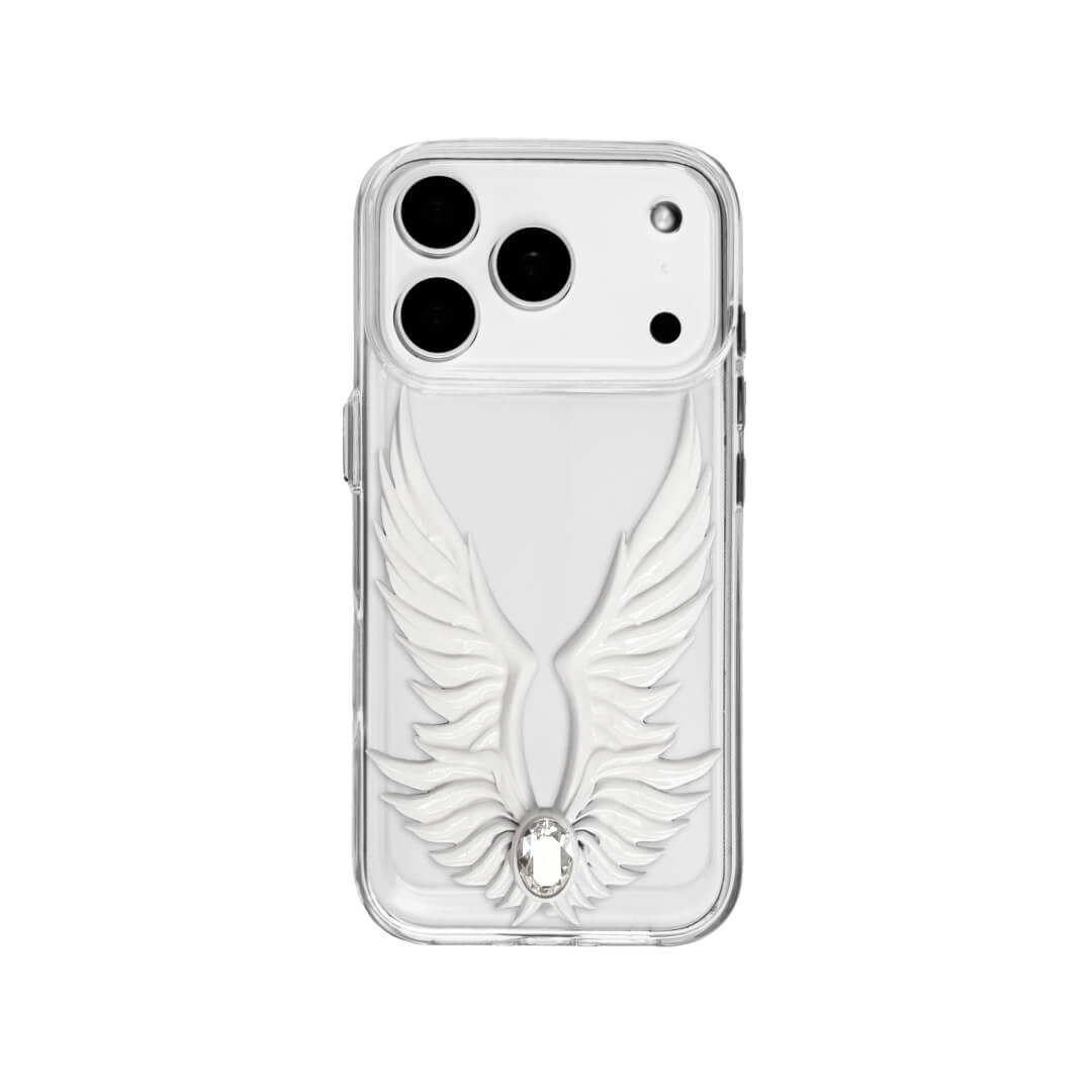 angel-wing iPhone case with sculpted wings and a central gemstone, available in transparent and white leather-textured bases.
