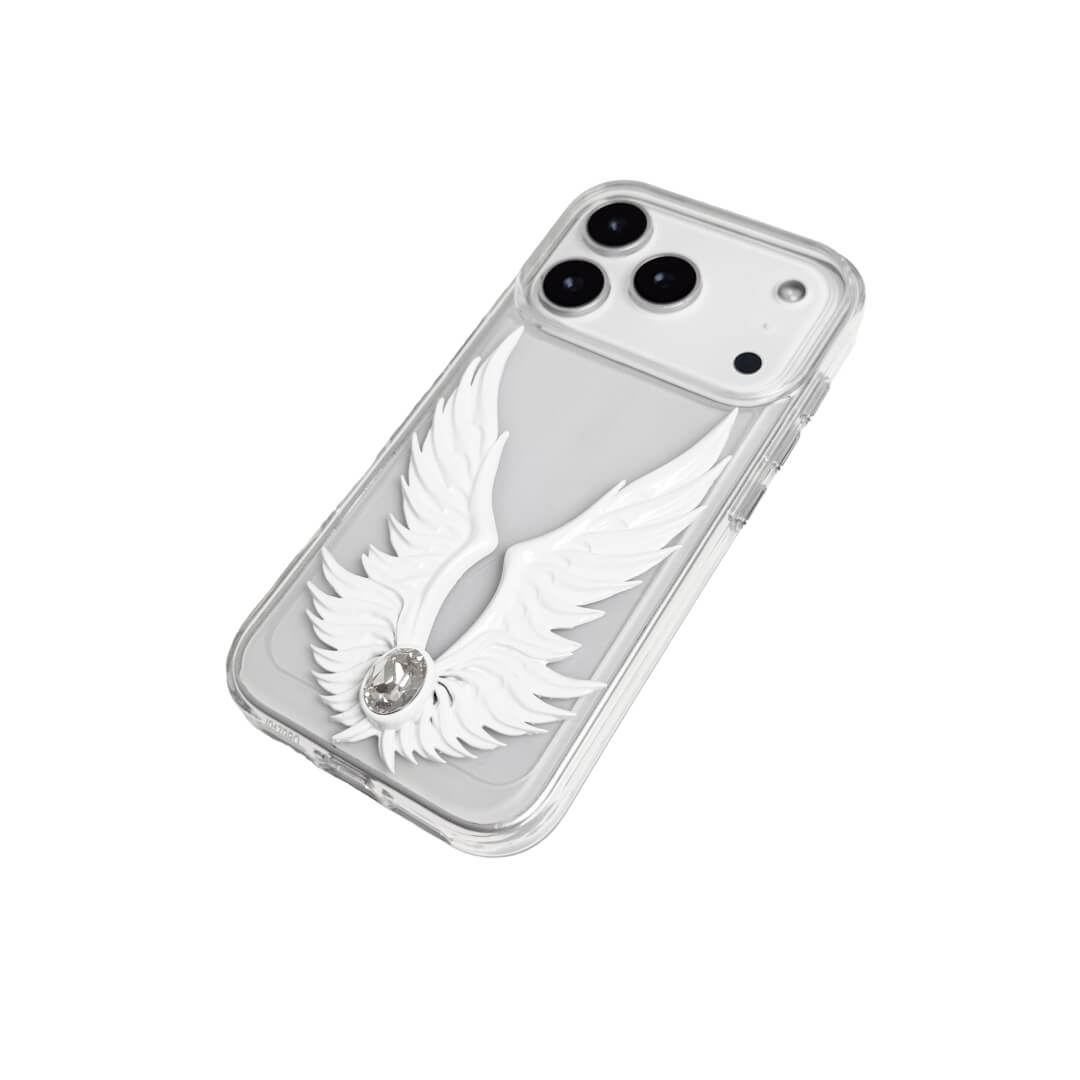 angel-wing iPhone case with sculpted wings and a central gemstone, available in transparent and white leather-textured bases.