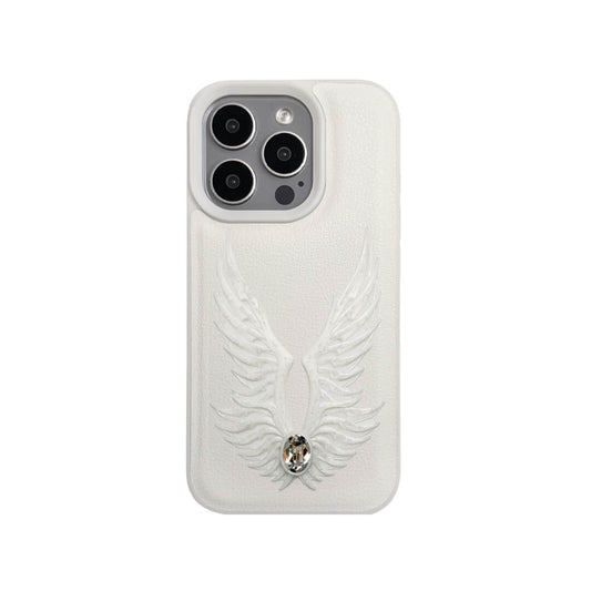 The Embroidered White Feather Wings iPhone Case featuring intricate white feather/wing embroidery and a central pearl, shown on both the Crystal Clear (Transparent) and White Leather Texture base options.