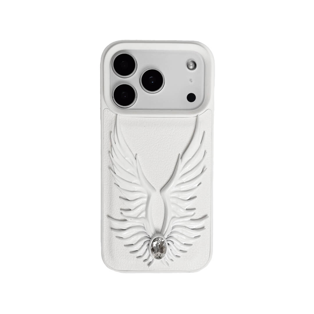 angel-wing iPhone case with sculpted wings and a central gemstone, available in transparent and white leather-textured bases.