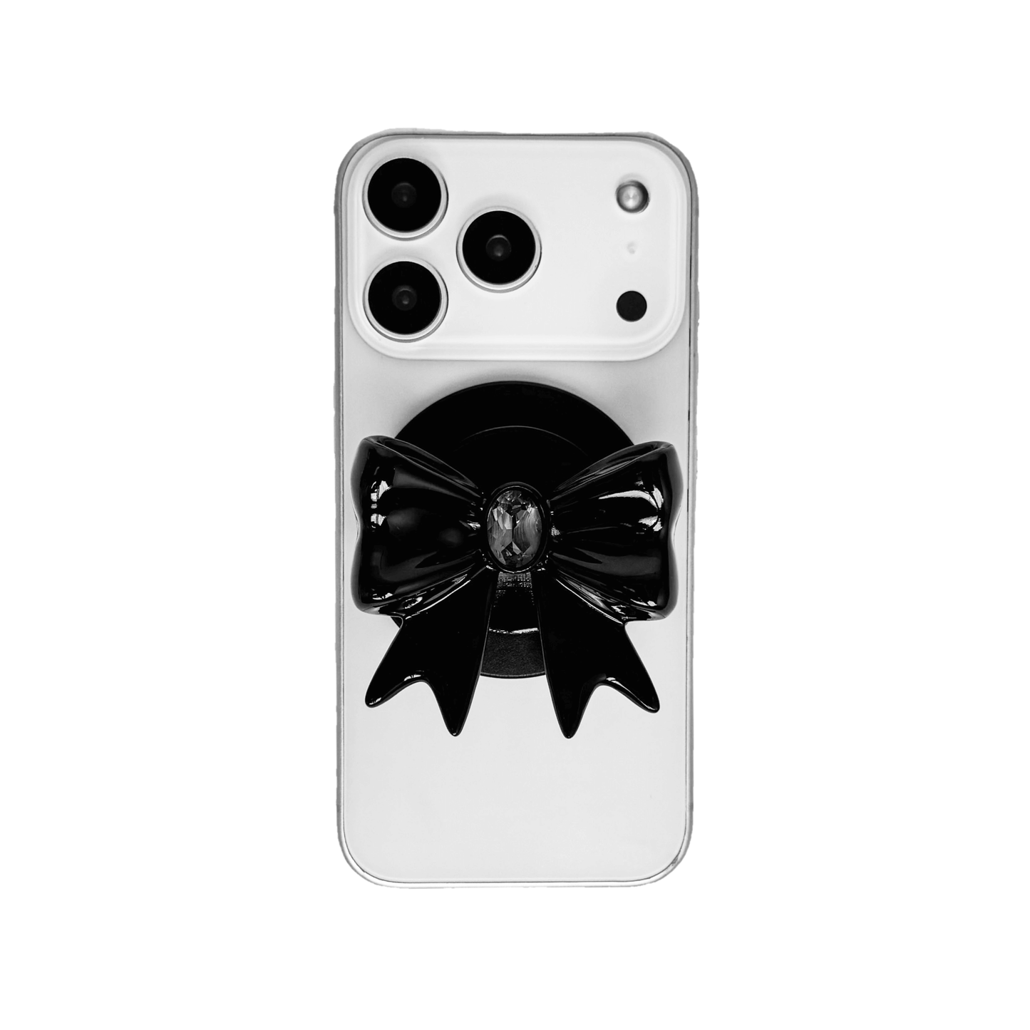 Gem Ribbon Phone Grip S available in black and white ribbon designs, each featuring Swarovski crystal options: black and white with black, white, or pink gems.