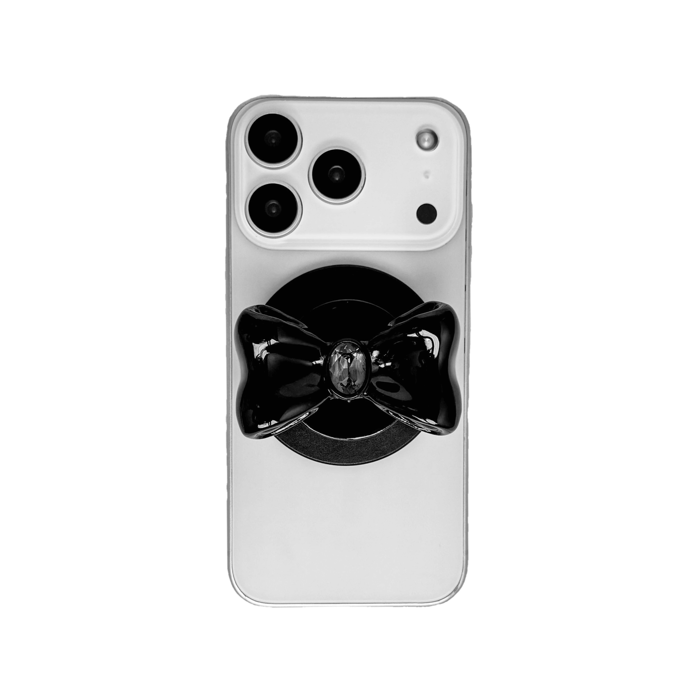 Gem Bow Phone Grip S available in black, and white bows, each featuring Swarovski crystal options: black and white with black, white, or pink gems.