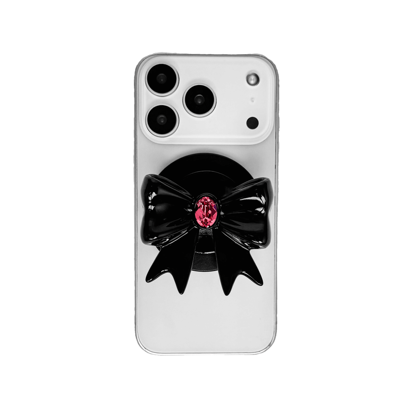 Gem Ribbon Phone Grip S available in black and white ribbon designs, each featuring Swarovski crystal options: black and white with black, white, or pink gems.
