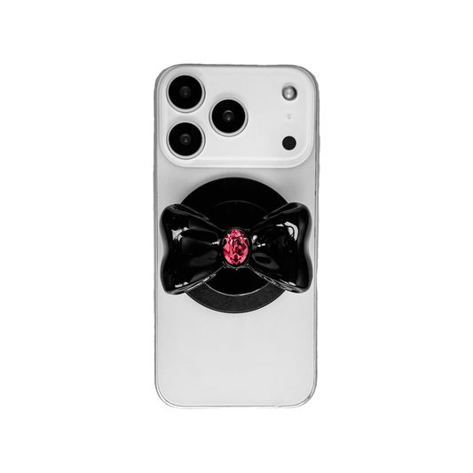 Gem Bow Phone Grip S available in black, and white bows, each featuring Swarovski crystal options: black and white with black, white, or pink gems.