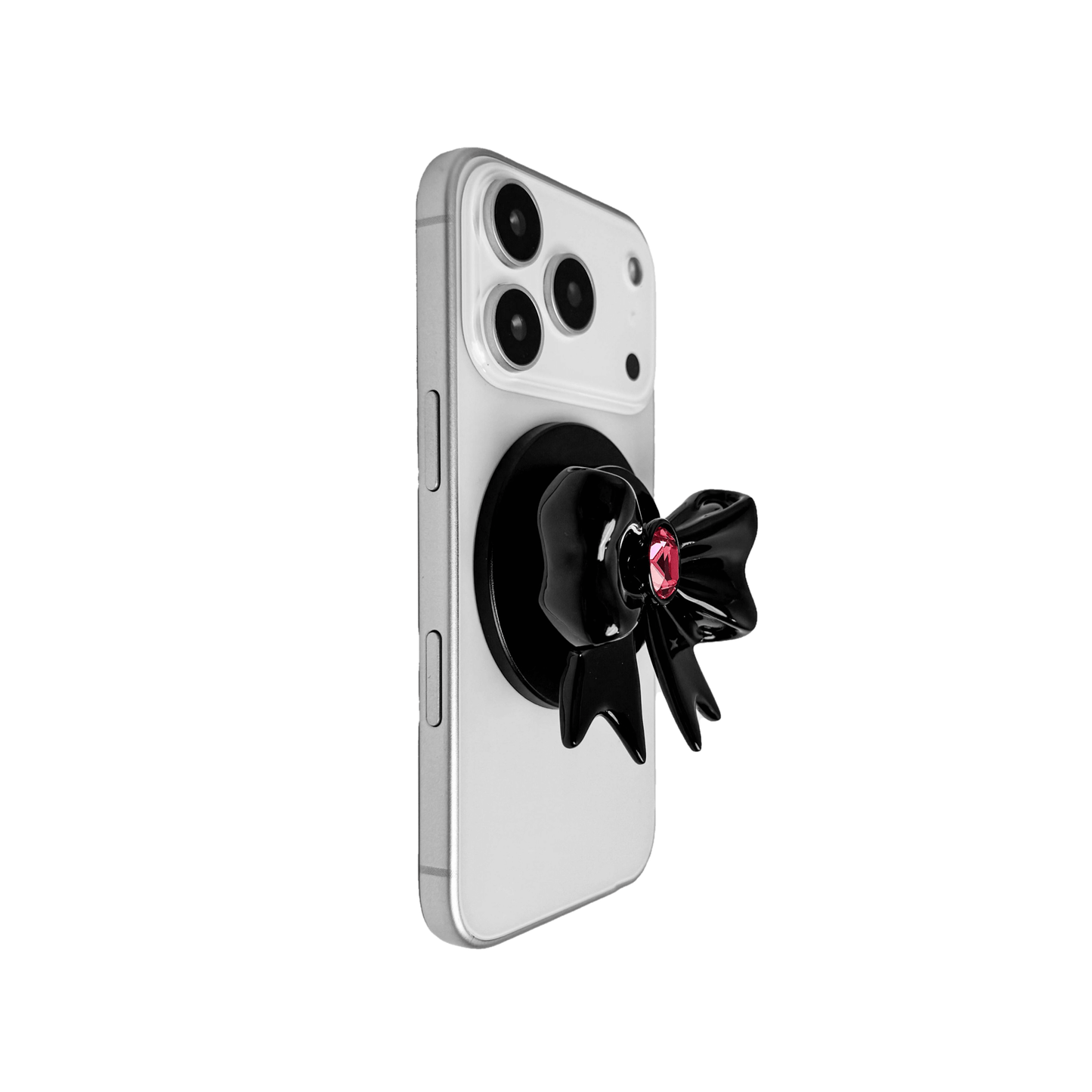 Gem Ribbon Phone Grip S available in silver, pink, black, and white ribbon designs, each featuring Swarovski crystal options: silver with pink, purple, white, blue, or black gems; pink with pink gem; black and white with black, white, or pink gems.