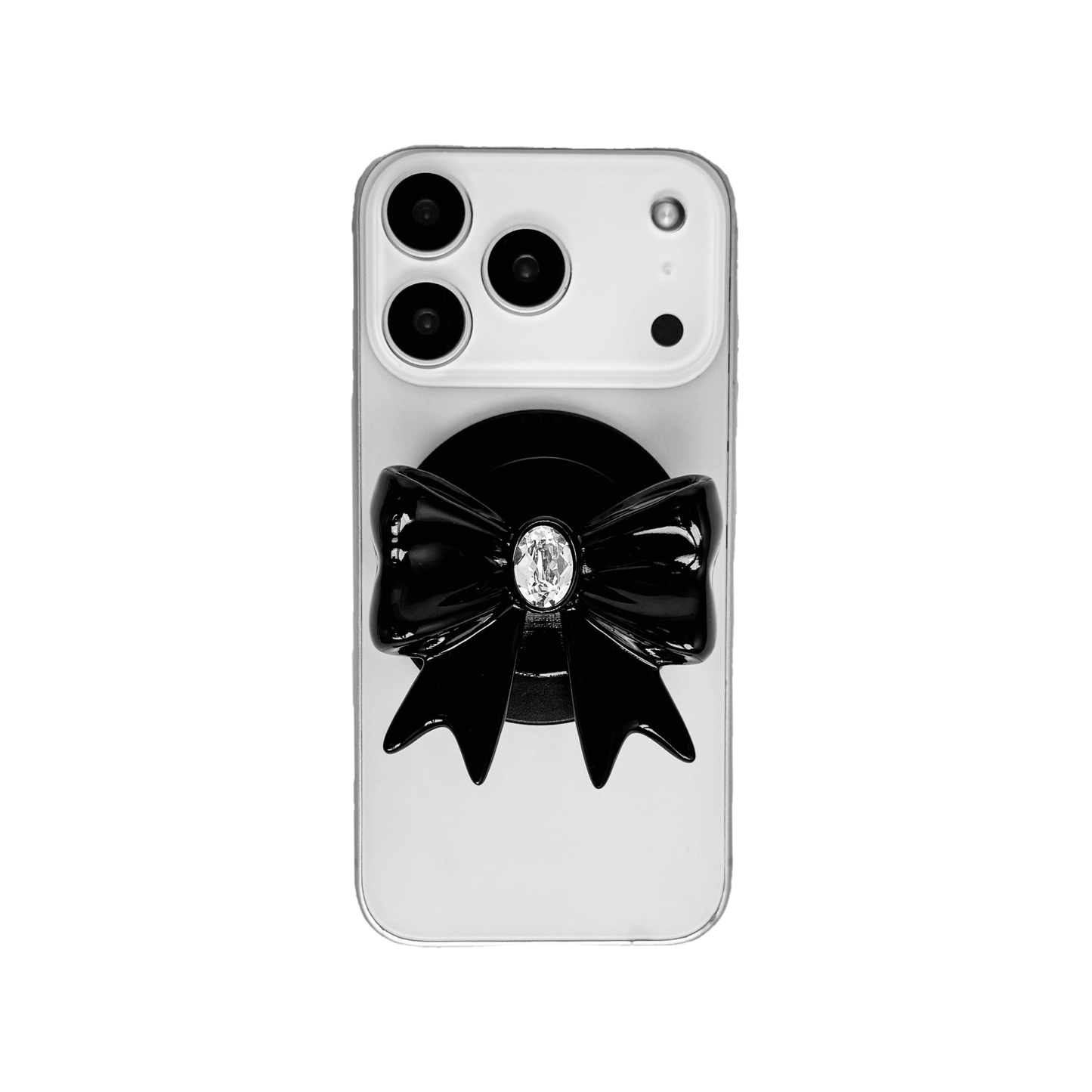 Gem Ribbon Phone Grip S available in silver, pink, black, and white ribbon designs, each featuring Swarovski crystal options: silver with pink, purple, white, blue, or black gems; pink with pink gem; black and white with black, white, or pink gems.