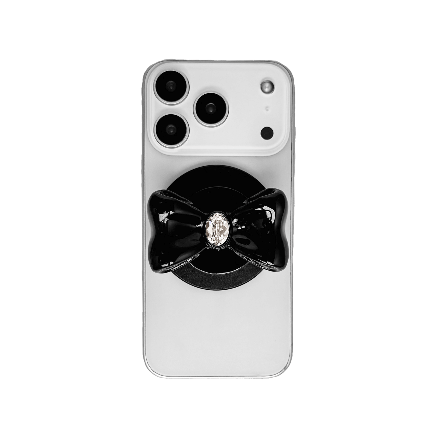 Gem Bow Phone Grip S available in black, and white bows, each featuring Swarovski crystal options: black and white with black, white, or pink gems.