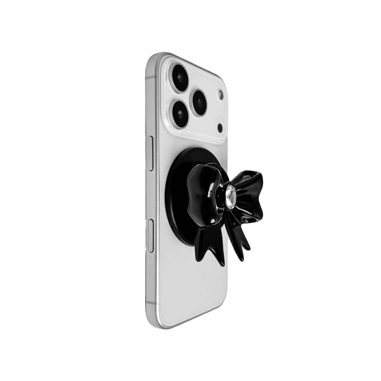 Gem Ribbon Phone Grip S available in black and white ribbon designs, each featuring Swarovski crystal options: black and white with black, white, or pink gems.