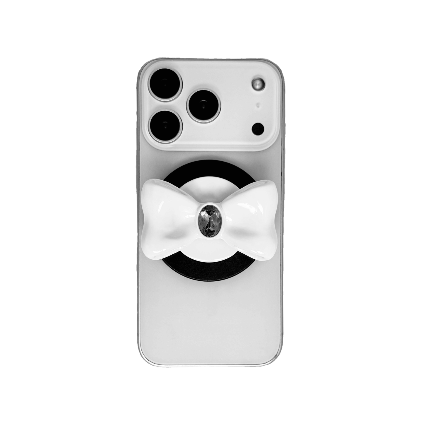 Gem Bow Phone Grip S available in silver, pink, black, and white bows, each featuring Swarovski crystal options: silver with pink, purple, white, blue, or black gems; pink with pink gem; black and white with black, white, or pink gems.