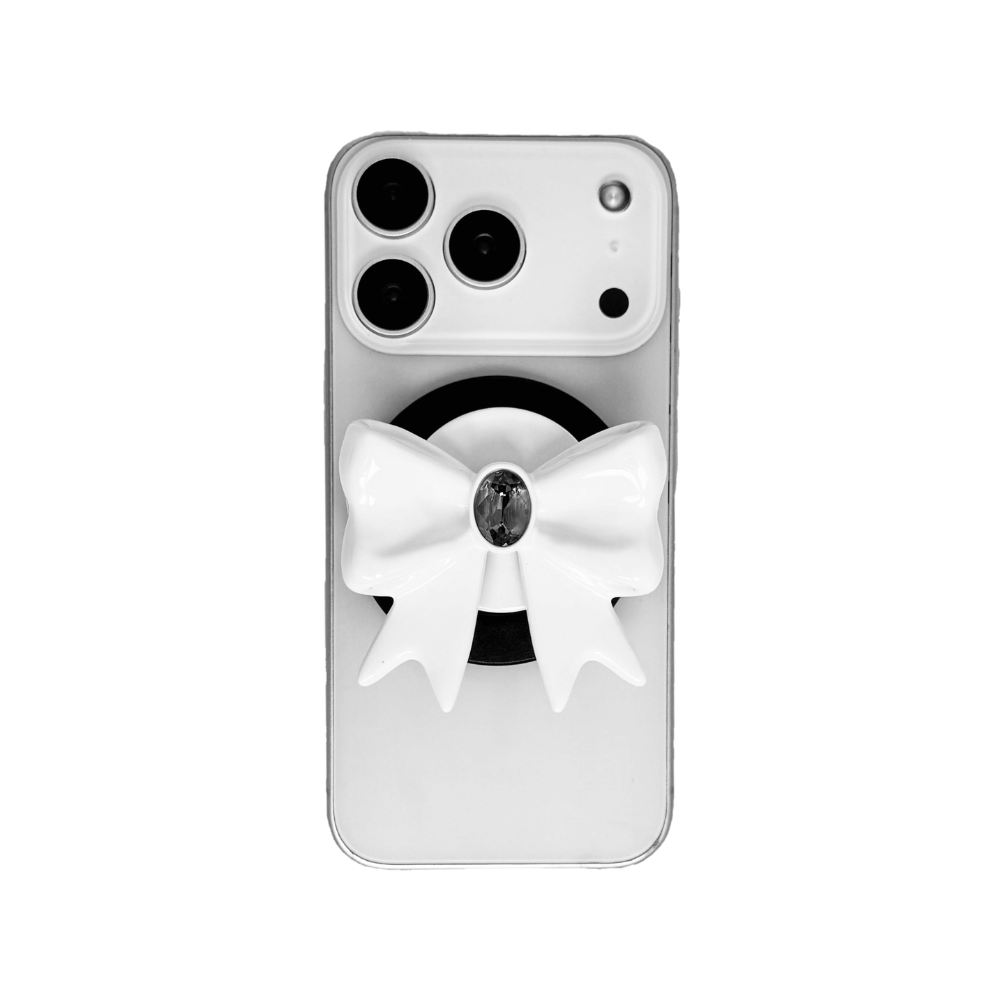 Gem Ribbon Phone Grip S available in black and white ribbon designs, each featuring Swarovski crystal options: black and white with black, white, or pink gems.