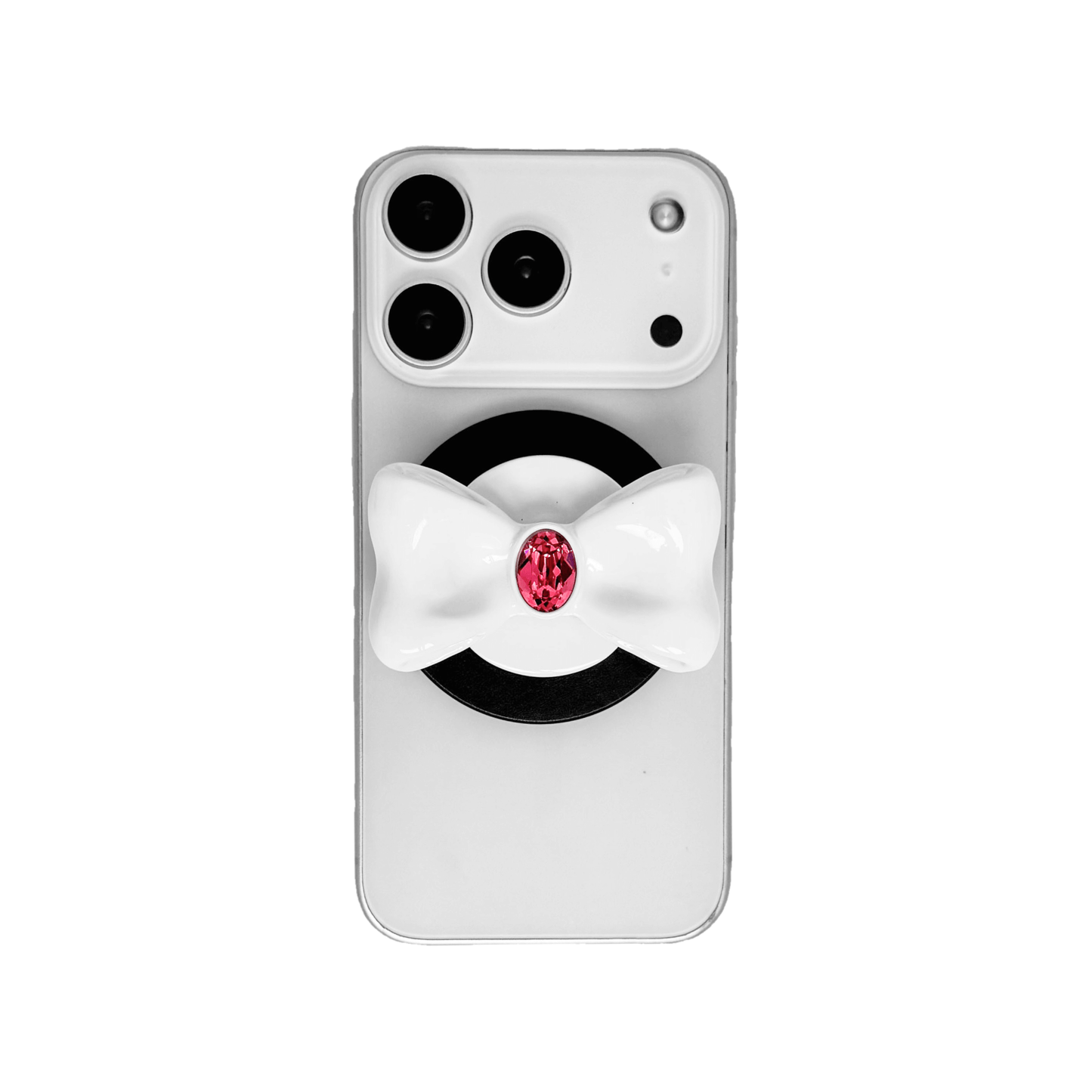 Gem Bow Phone Grip S available in silver, pink, black, and white bows, each featuring Swarovski crystal options: silver with pink, purple, white, blue, or black gems; pink with pink gem; black and white with black, white, or pink gems.
