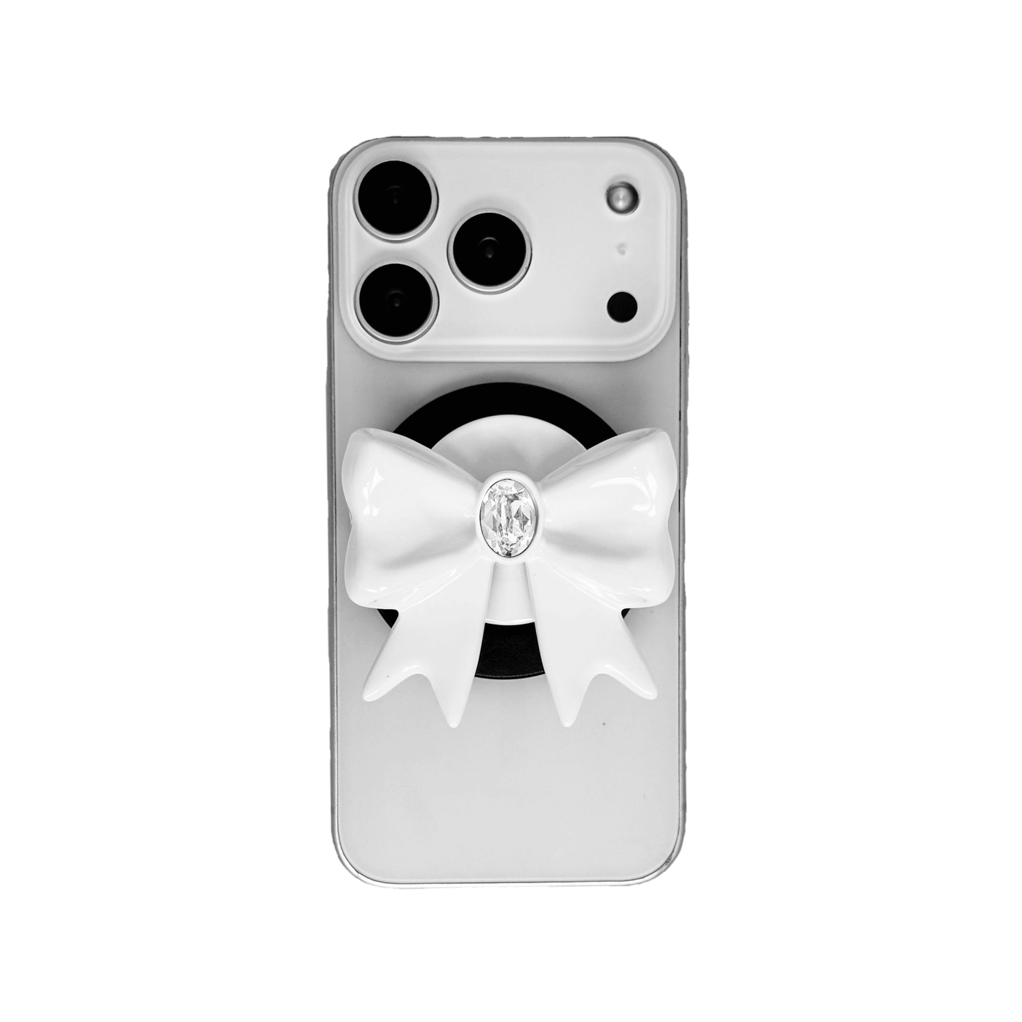 Gem Ribbon Phone Grip S available in silver, pink, black, and white ribbon designs, each featuring Swarovski crystal options: silver with pink, purple, white, blue, or black gems; pink with pink gem; black and white with black, white, or pink gems.